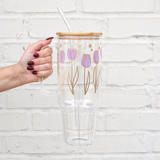 Purple Tulips 40oz Glass Tumbler With Lid and Straw