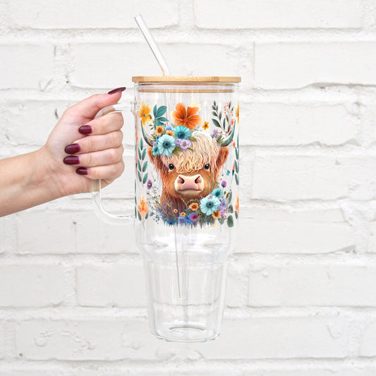 Highland Cow 40oz Glass Tumbler with Lid and Straw