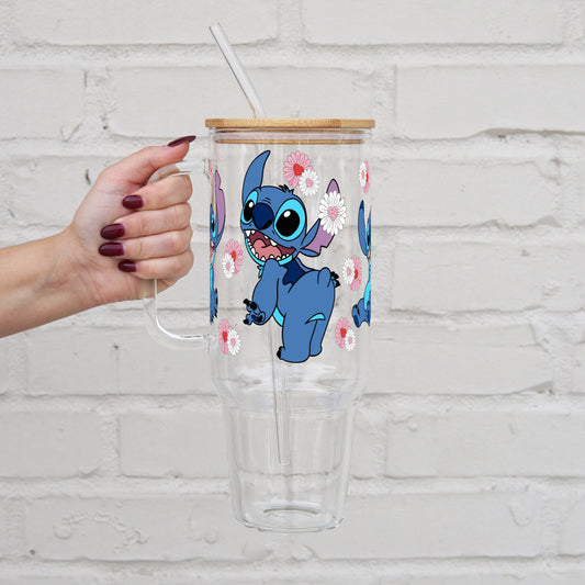 Floral Stitch Inspired 40oz Glass Tumbler With Lid and Straw