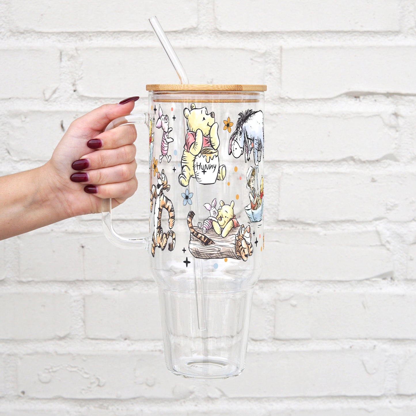 Winnie The Pooh 40oz Glass Can Cup With Lid and Straw