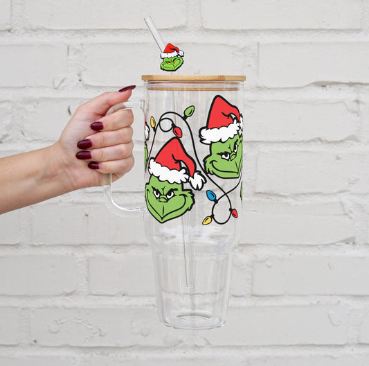 40oz Grinch Inspired Glass Tumbler With Lid and Straw