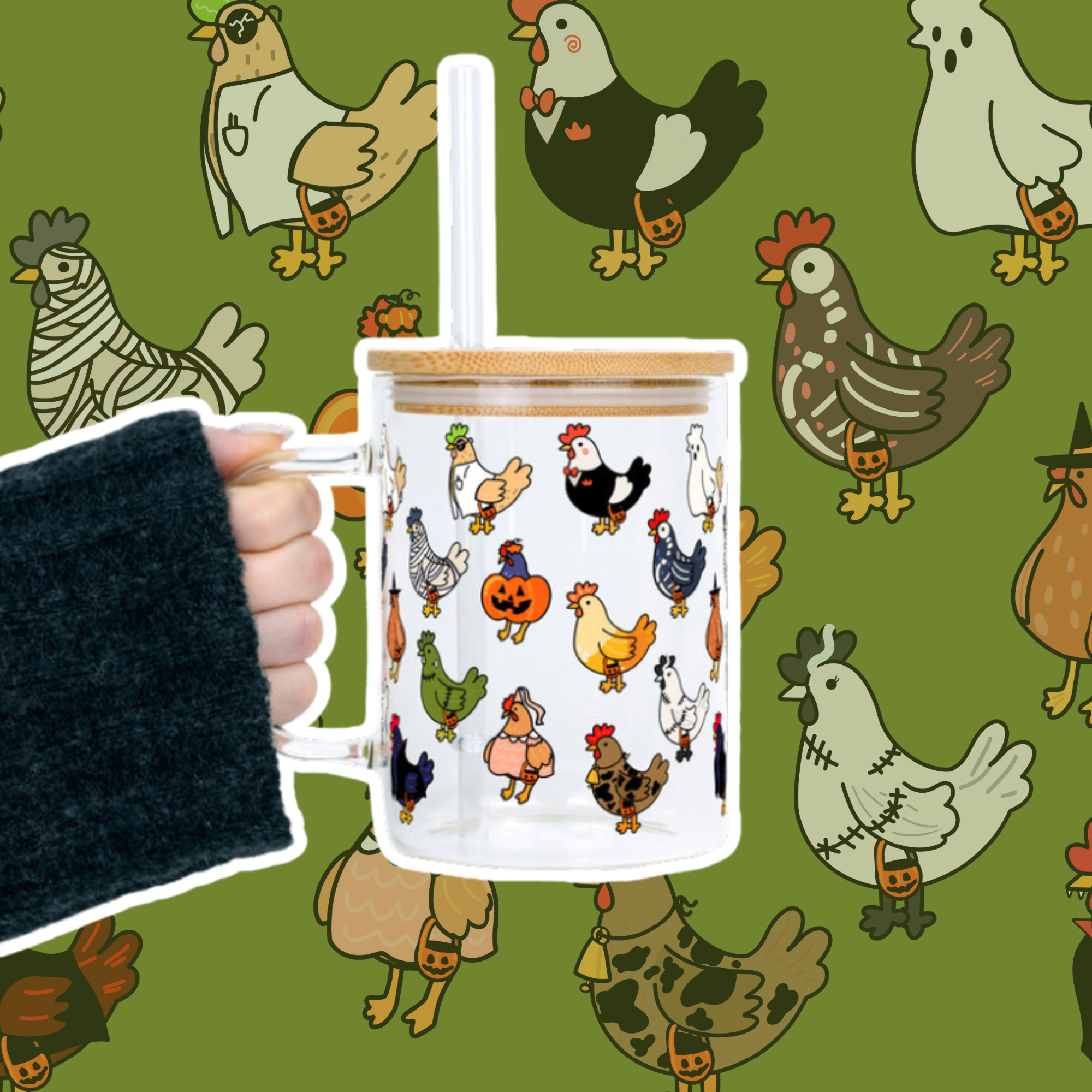 Spooky Chickens Clear Glass Mug With Lid and Straw