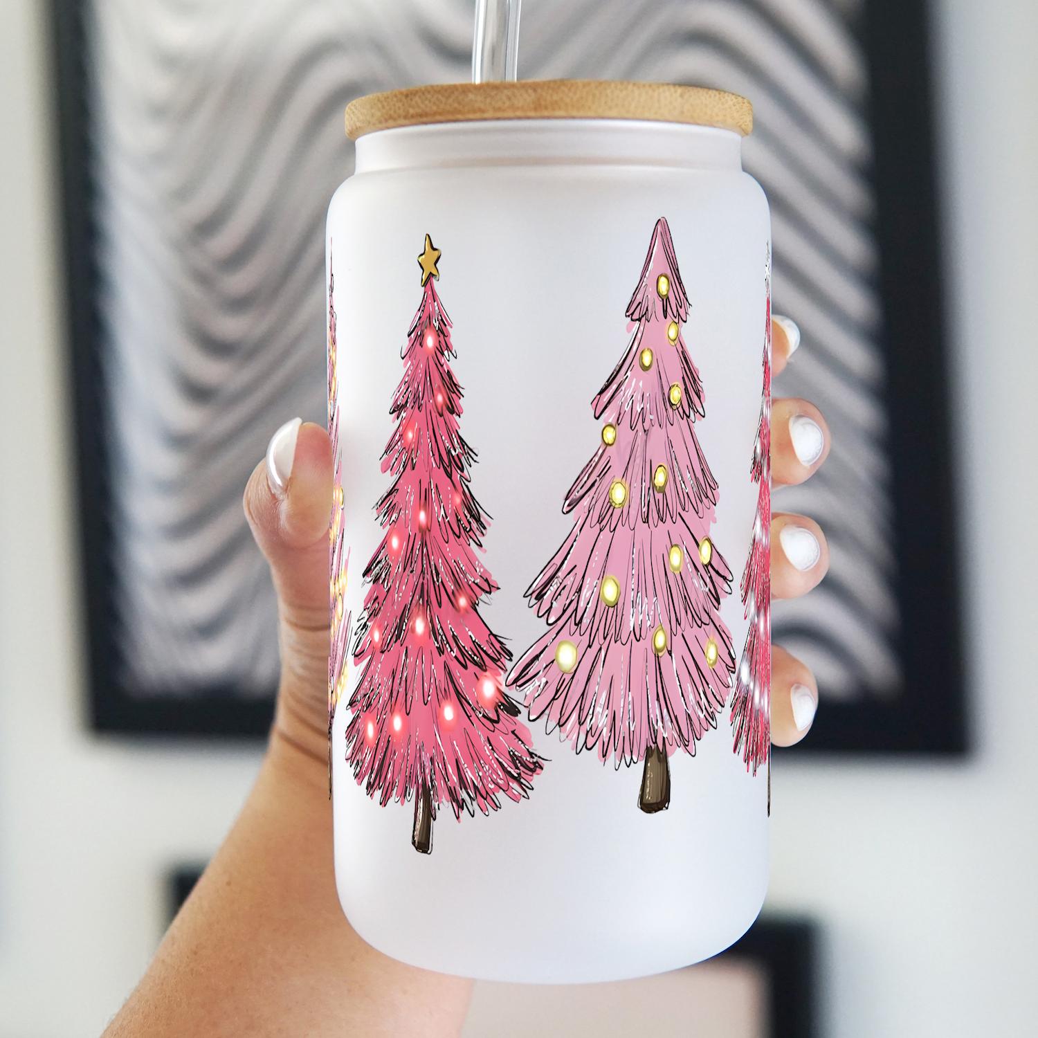 Pink Christmas Trees Glass Can Cup With Lid and Straw