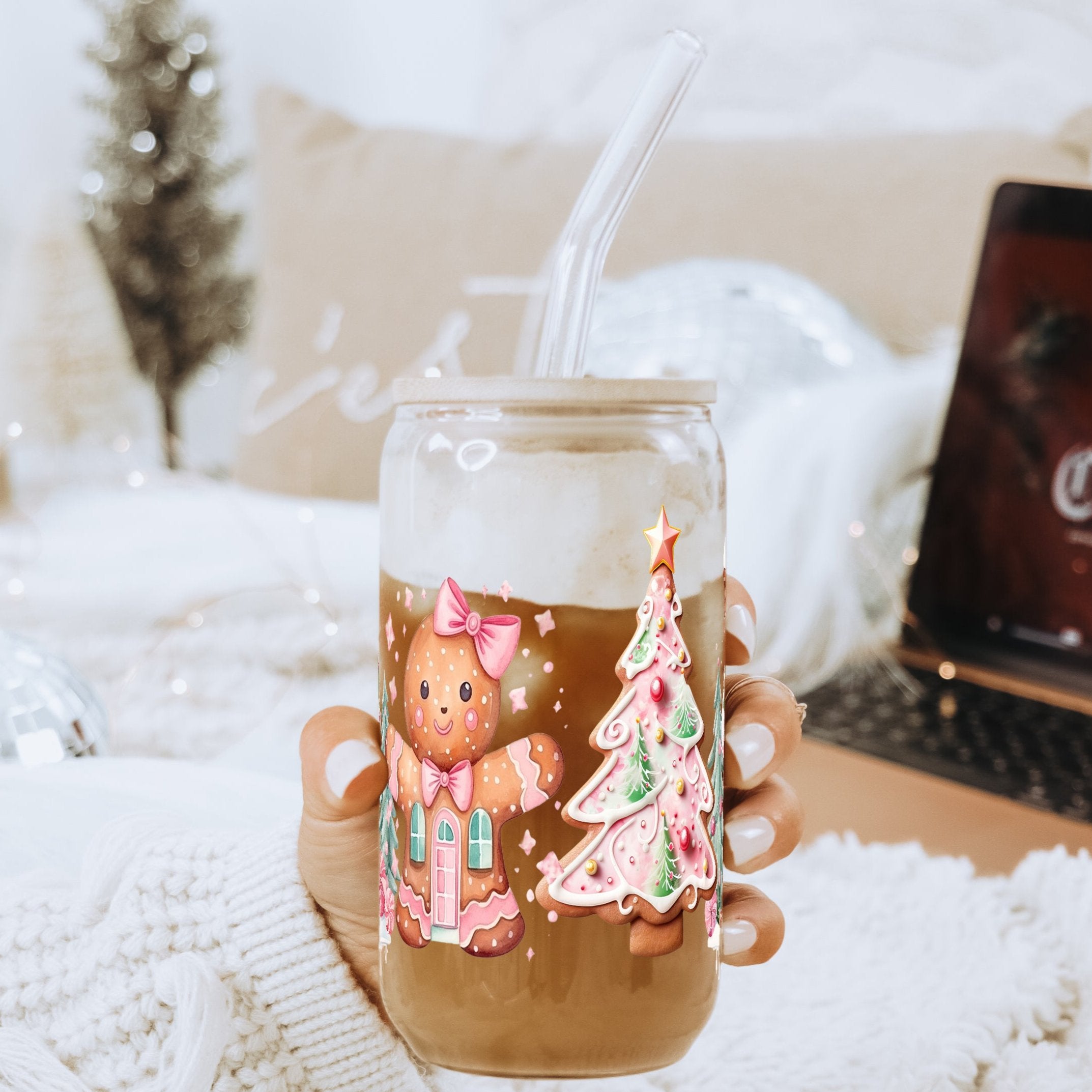 Pink Gingerbread House Glass Can Cup With Lid and Straw