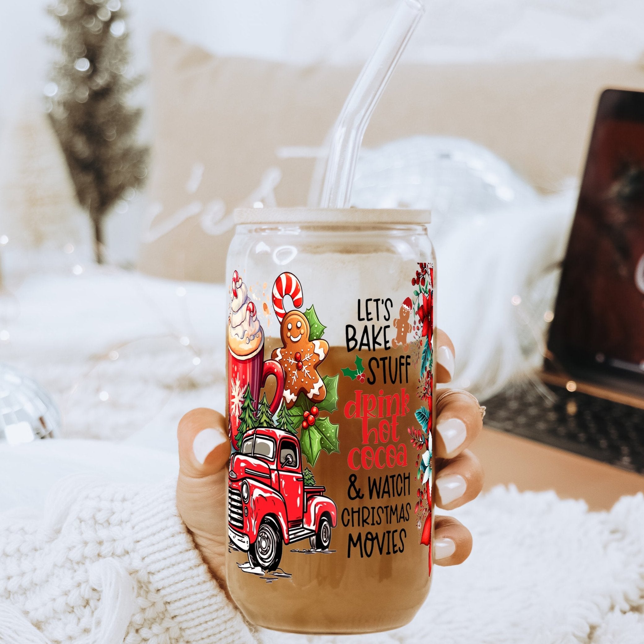 Hot Cocoa Christmas Glass Can Cup With Lid and Straw