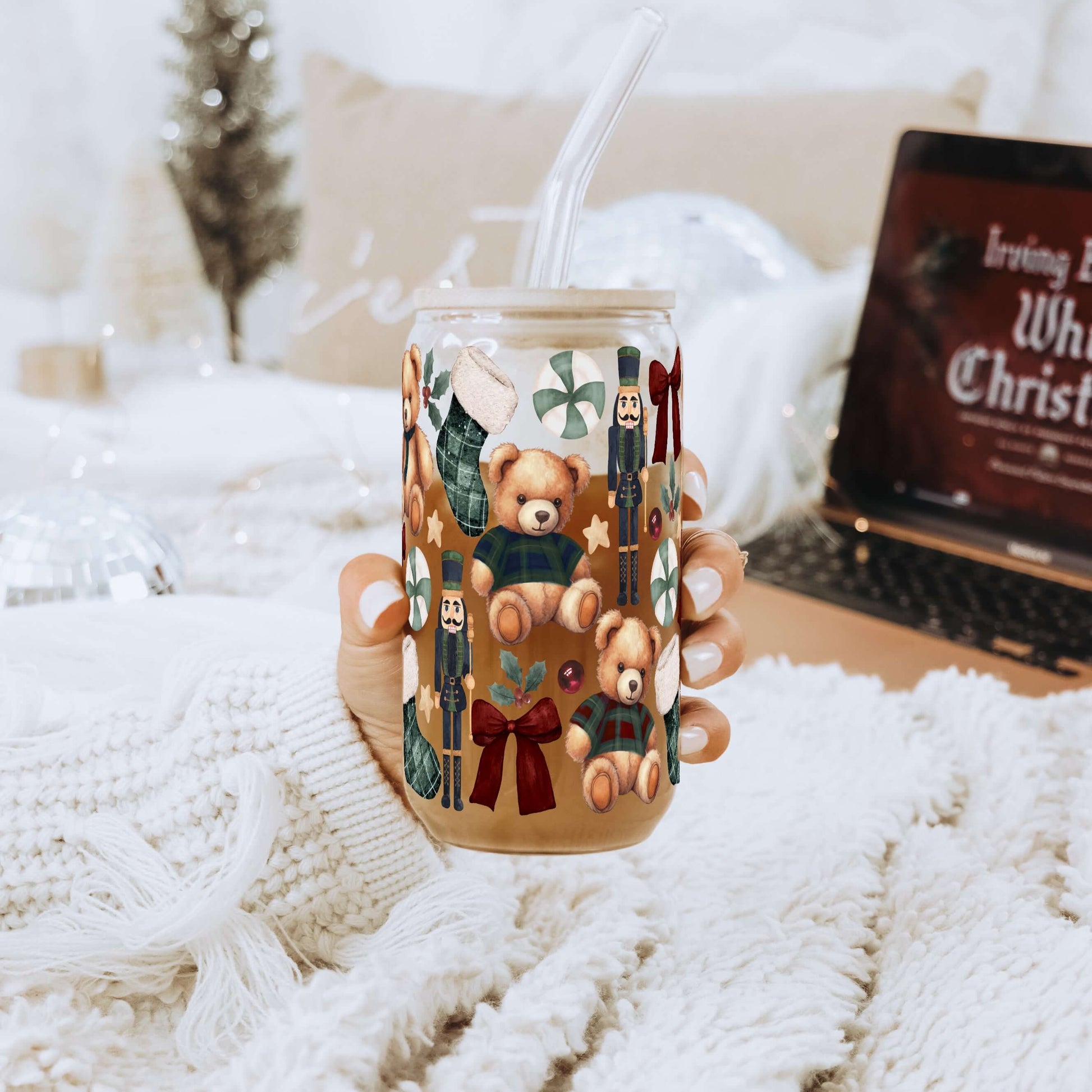 Plaid Teddy Christmas 16oz Glass Can Cup with Lid & Straw | Sip Sip Hooray