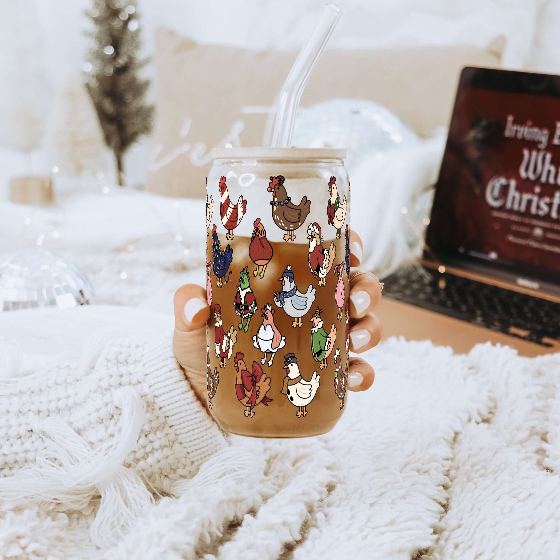 Festive Flock Christmas 16oz Glass Can Cup with Lid & Straw | Sip Sip Hooray