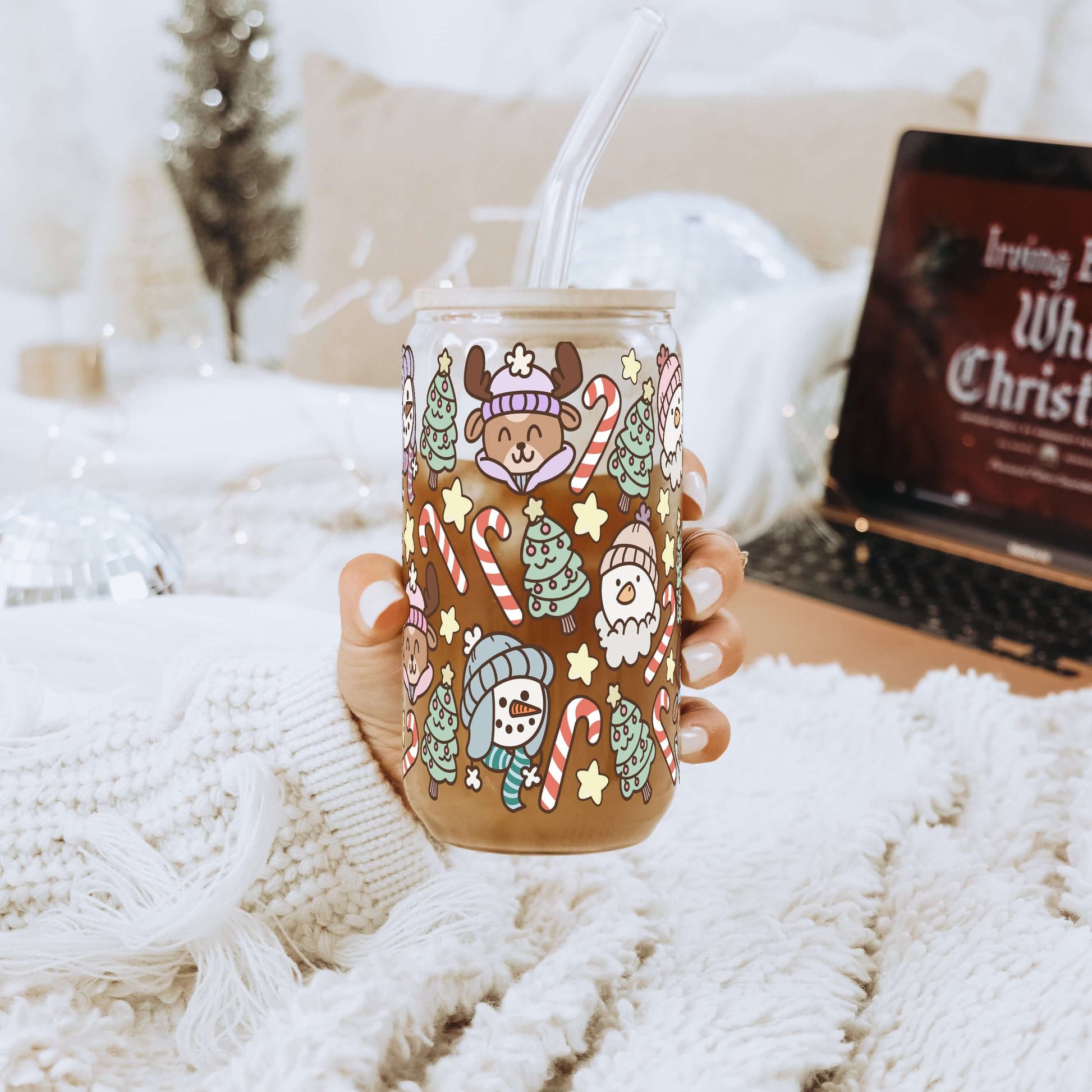 Christmas Cuties 16oz Glass Can Cup with Lid & Straw | Sip Sip Hooray