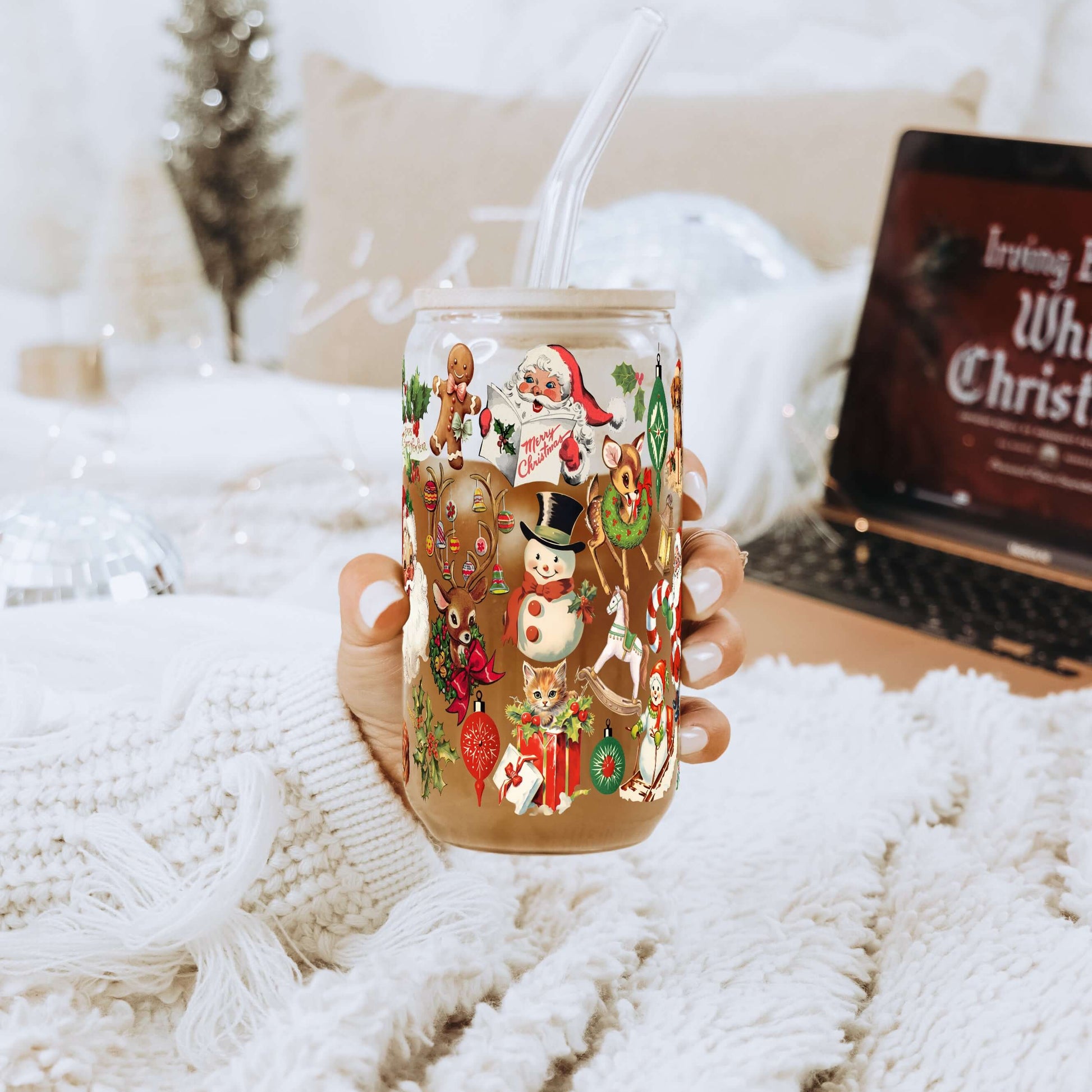 Nostalgic Christmas 16oz Glass Can Cup with Lid & Straw | Sip Sip Hooray