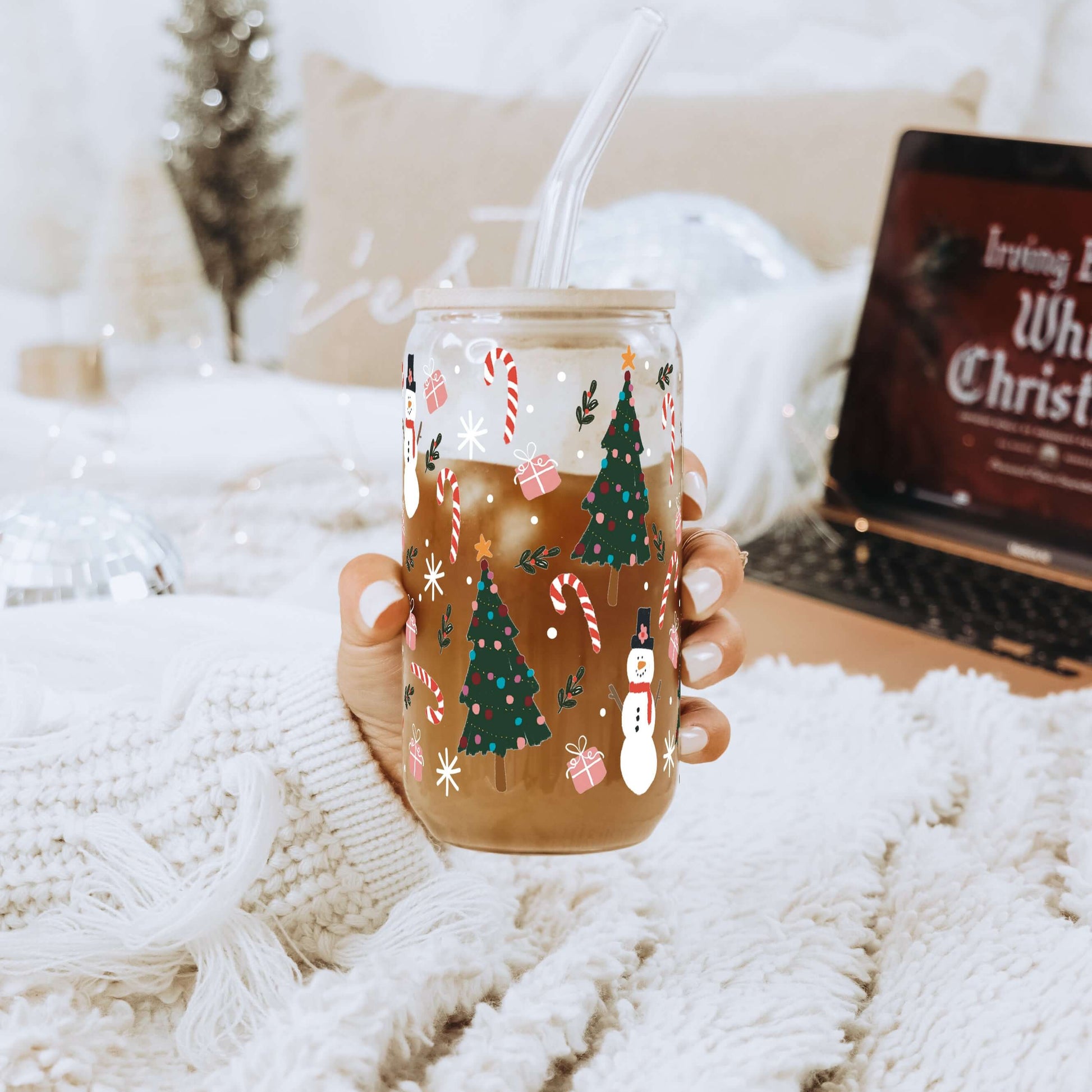 Jolly Little Christmas 16oz Glass Can Cup with Lid & Straw | Sip Sip Hooray
