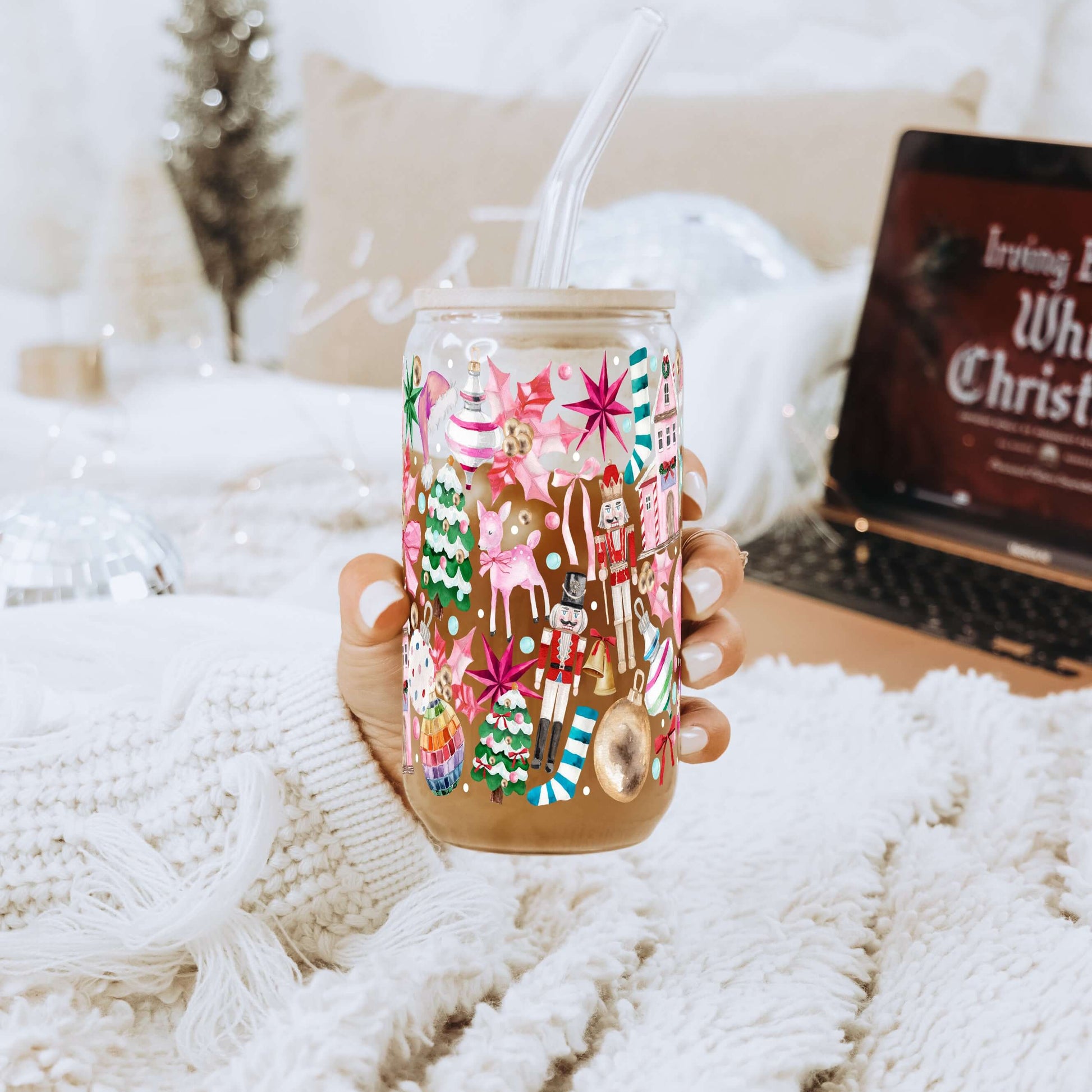 Whimsical Christmas 16oz Glass Can Cup with Lid & Straw | Sip Sip Hooray