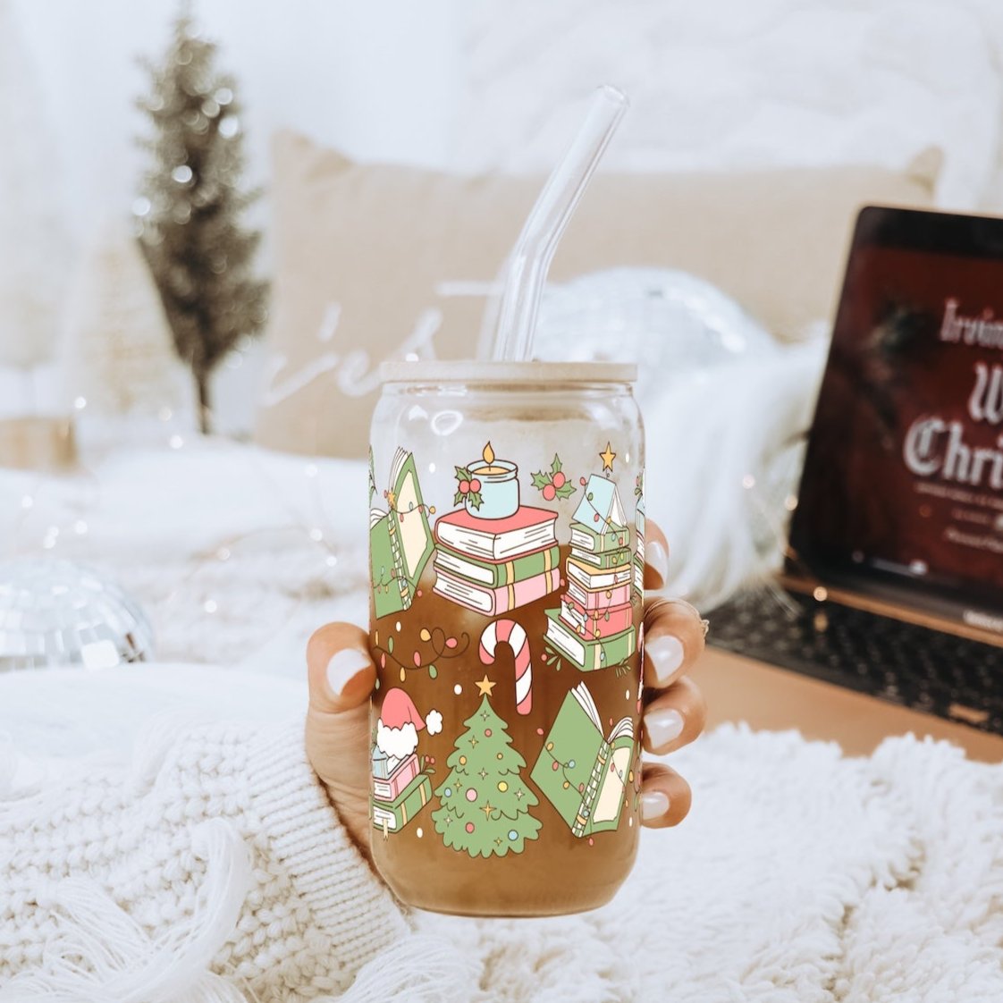 Bookish Christmas Glass Can Cup With Lid and Straw