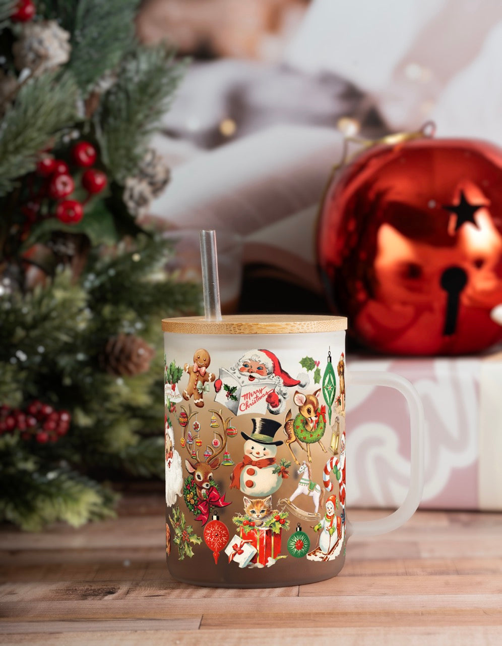 Nostalgic Christmas limited edition frosted glass mug with bamboo lid and straw