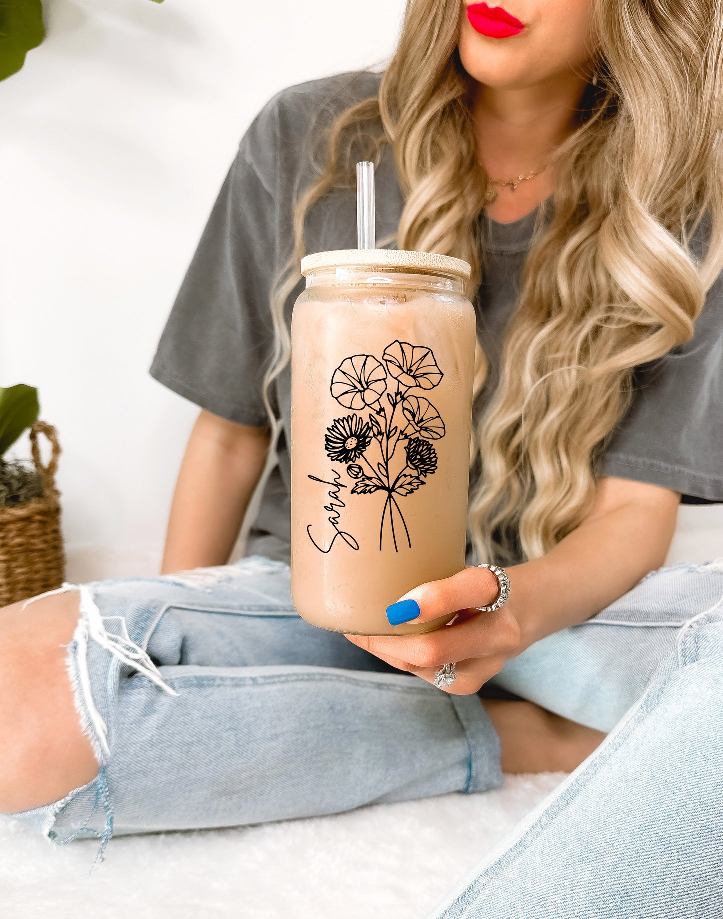 16oz Modern Birth Flower Glass Can Cup with Lid and Straw,Personalized Gifts for Her,  Birth Flower Cup, Christmas gifts for women