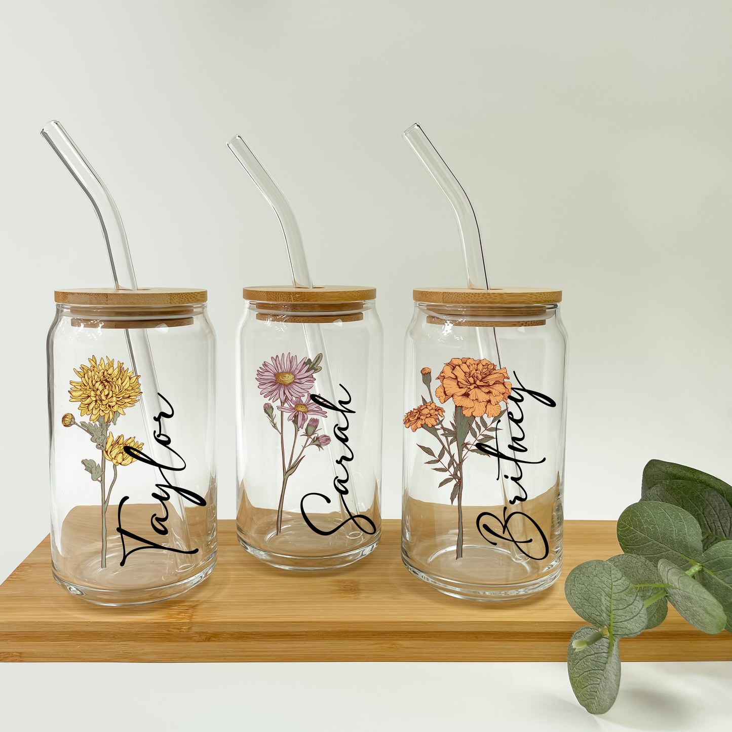 Personalized Color Birth Flower 16oz Glass Can Cup with Lid and Straw