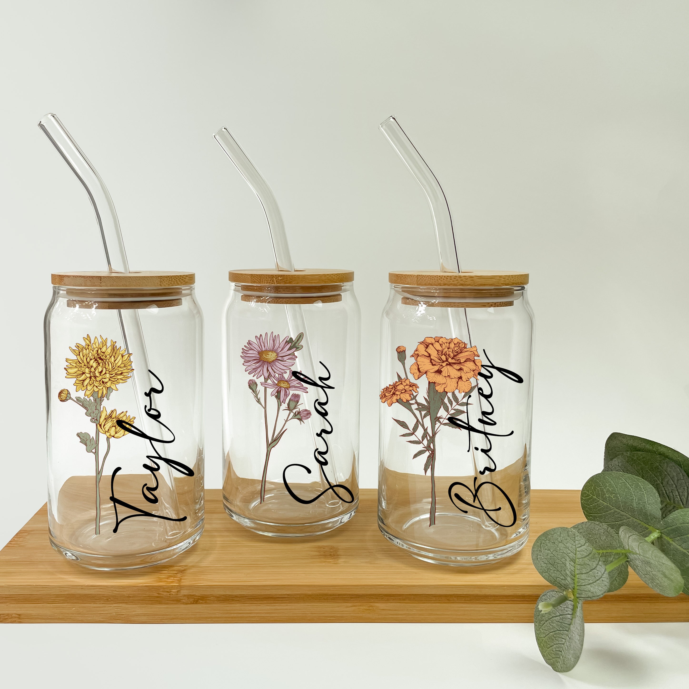 Personalized Color Birth Flower Glass Can Cup with Lid and Straw