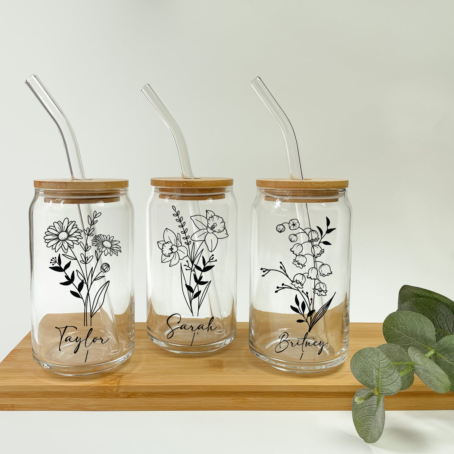 16oz Personalized Birth Flower Glass Can Cup with Lid and Straw,Gifts for Her, Birth Flower Cup, Birthday gifts for women