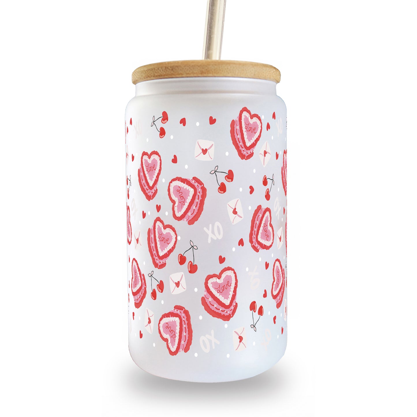 Valentine's Day Heart Cakes Glass Can Cup With Lid and Straw