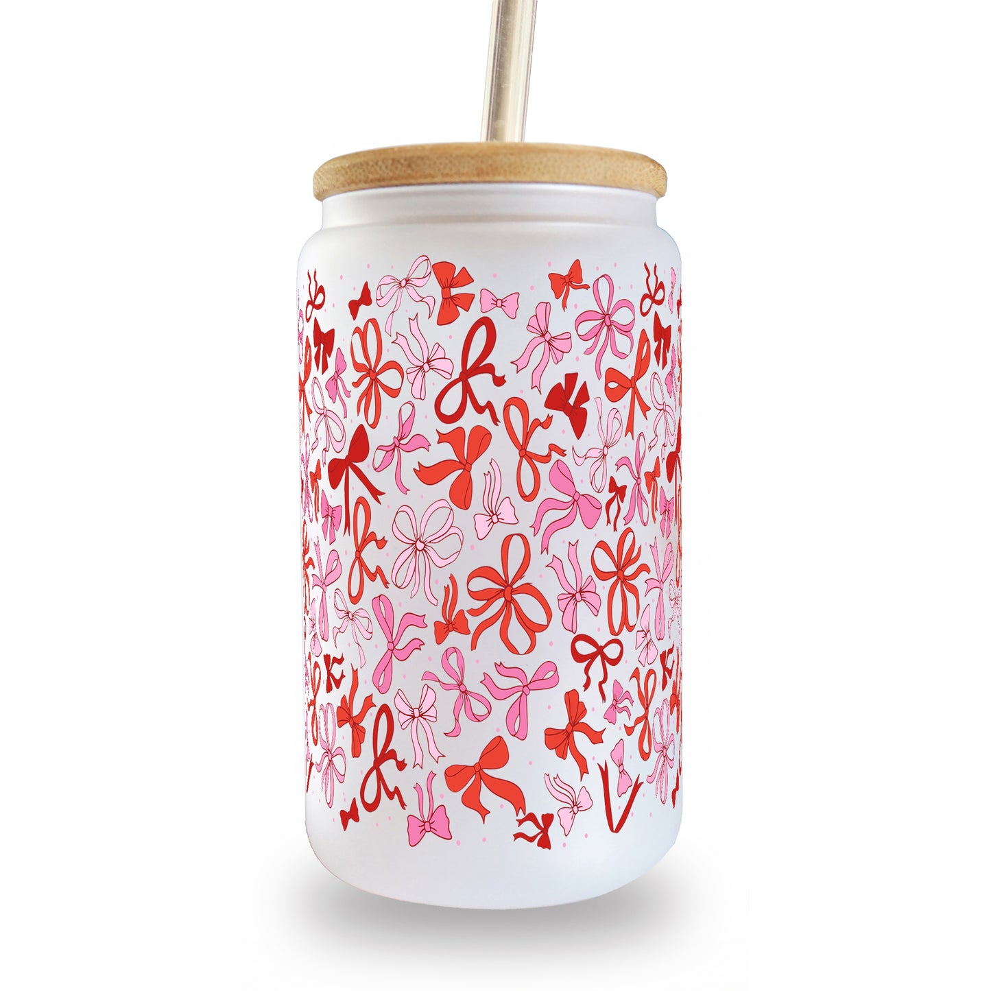 Coquette Valentine Glass Can up with Lid and Straw