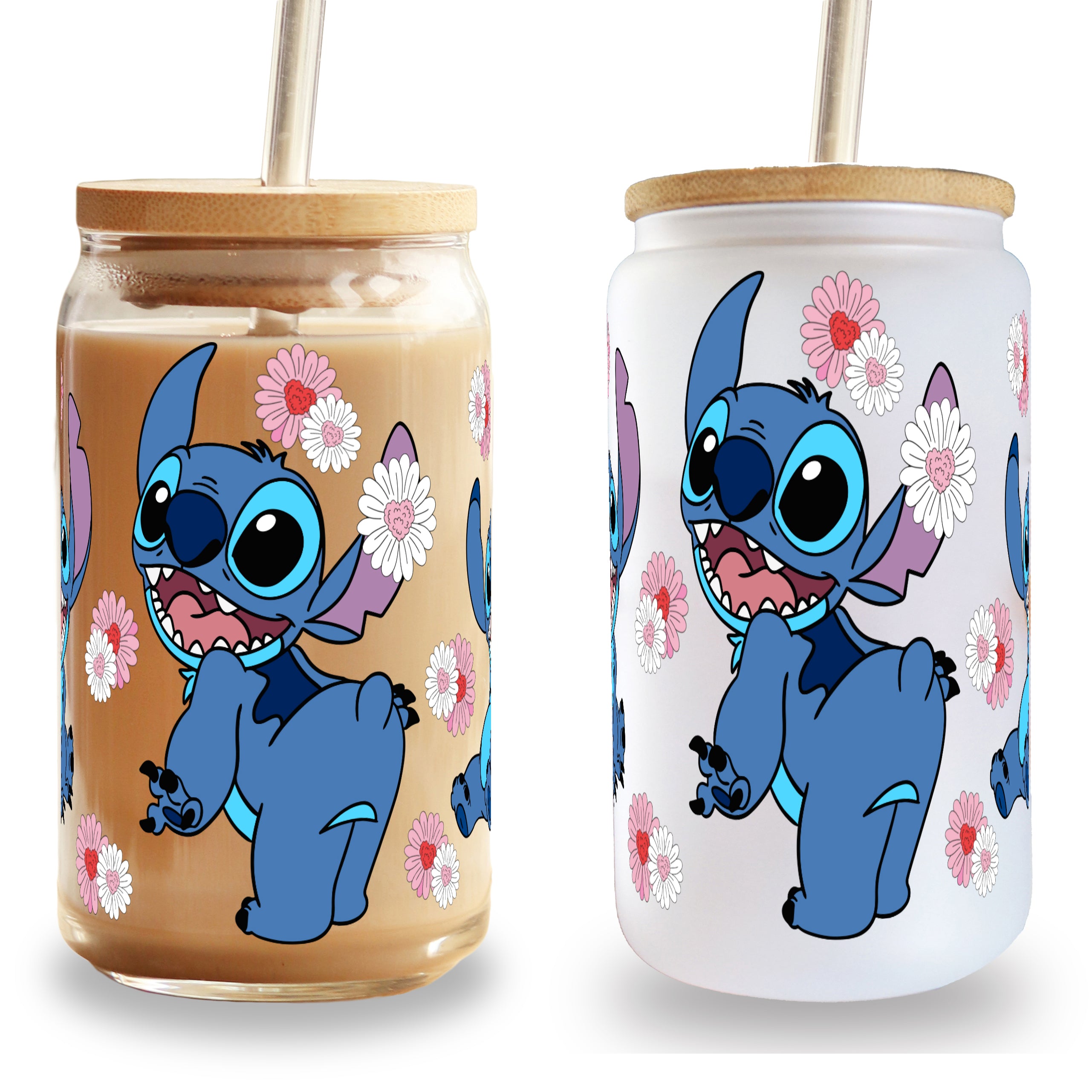 Floral Stitch Inspired 16oz Glass Can Cup with Lid and Straw