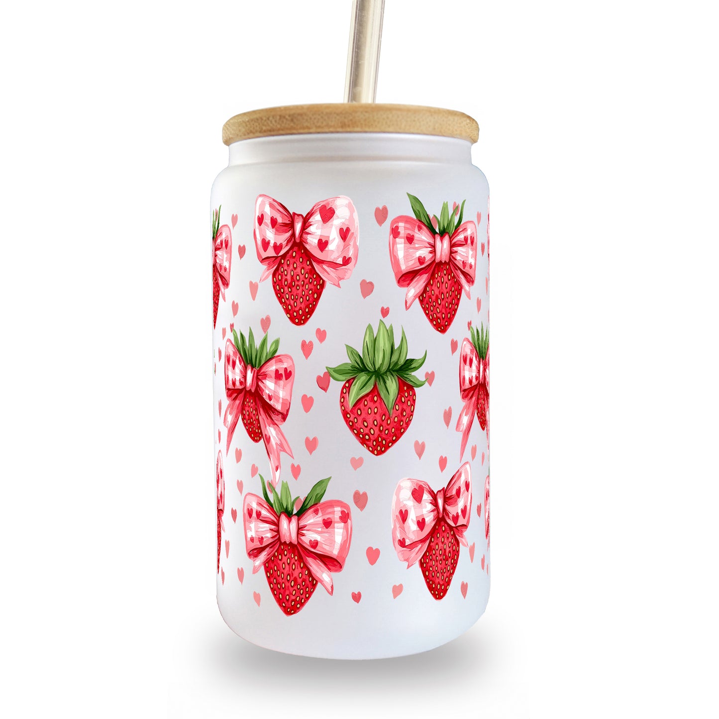 Valentine's Day Strawberry Bows Glass Can Cup With Lid and Starw