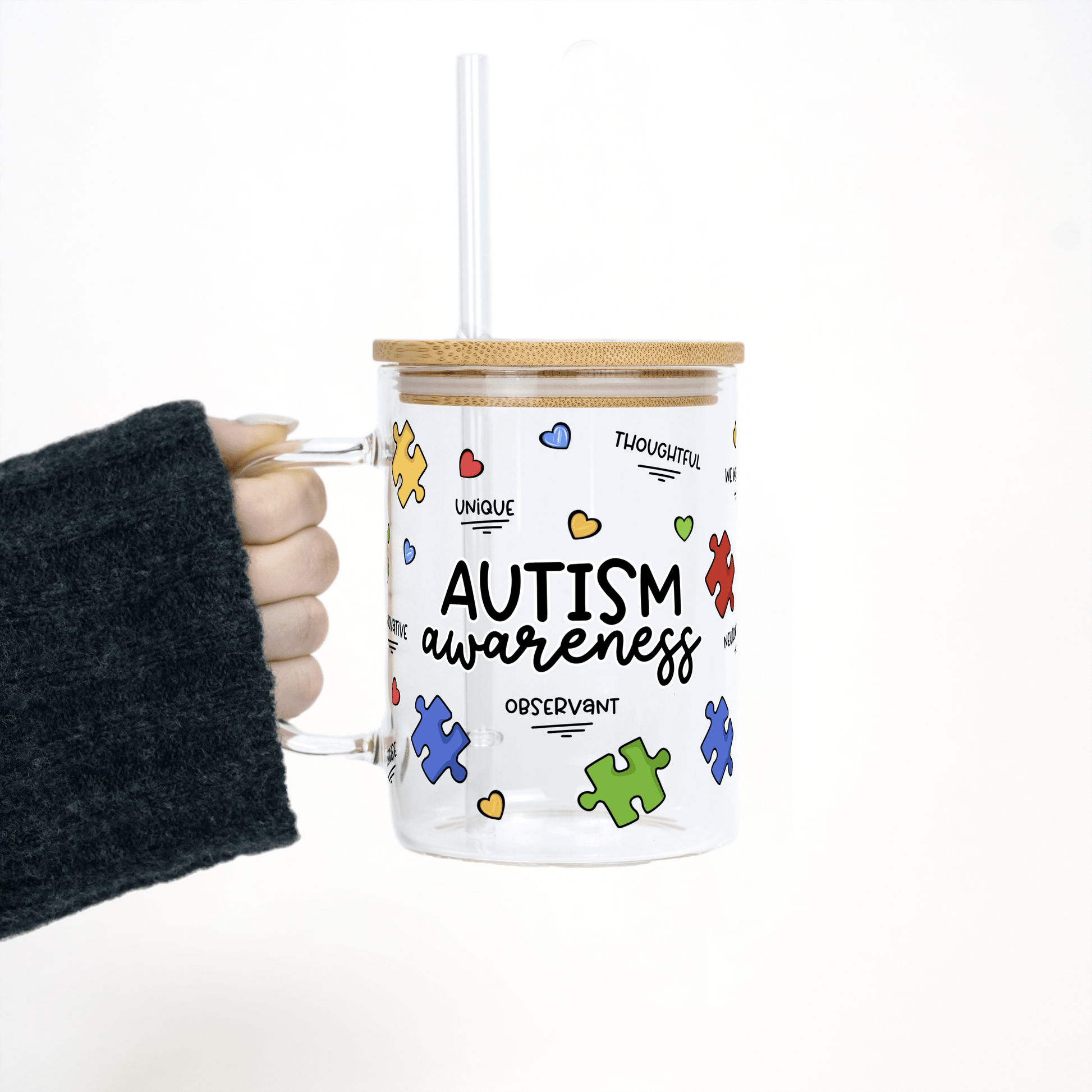 Autism Awareness Puzzle Piece 17oz Glass Mug With Lid and Straw from Sip Sip Hooray – Mugs
