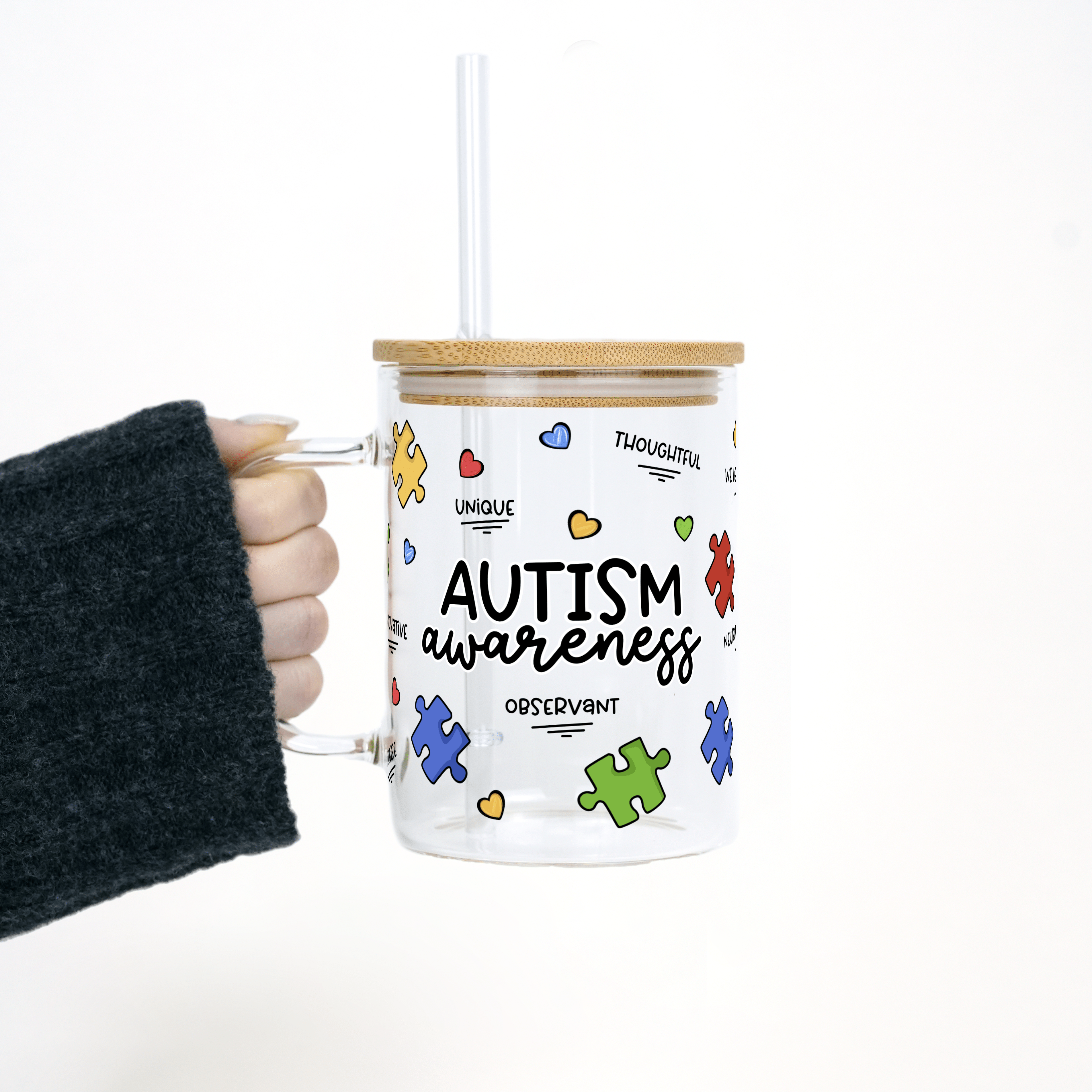 Autism Awareness Puzzle Piece 17oz Glass Mug With Lid and Straw