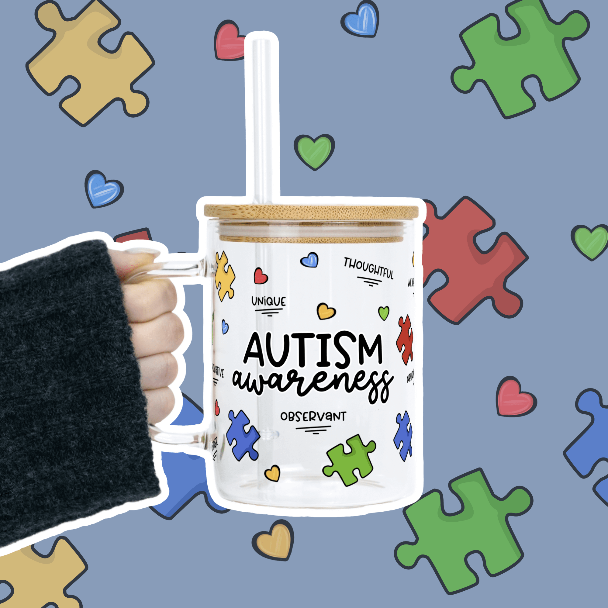 Autism Awareness Puzzle Piece 17oz Glass Mug With Lid and Straw