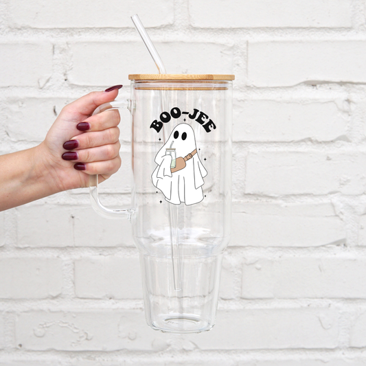 BOO JEE 40z Glass Tumbler with Lid and Straw