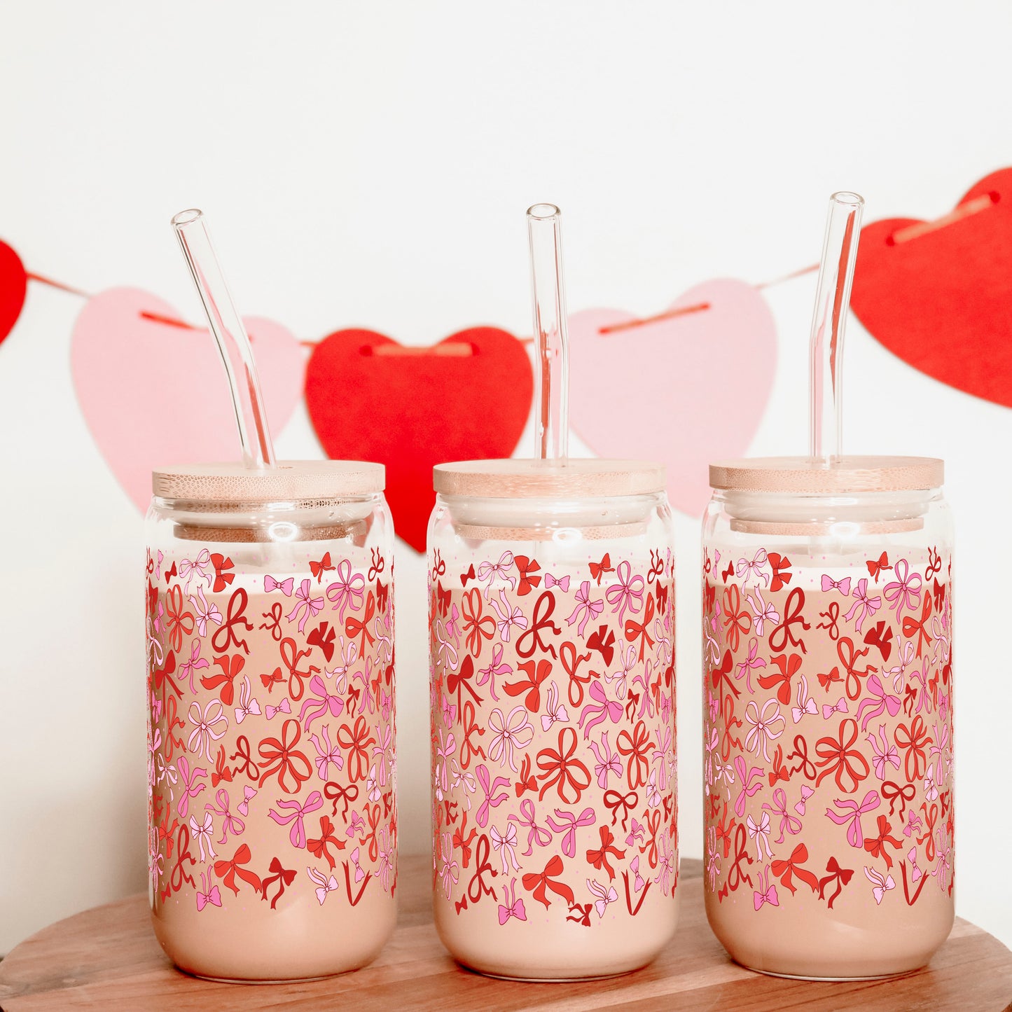 Coquette Valentine Glass Can up with Lid and Straw