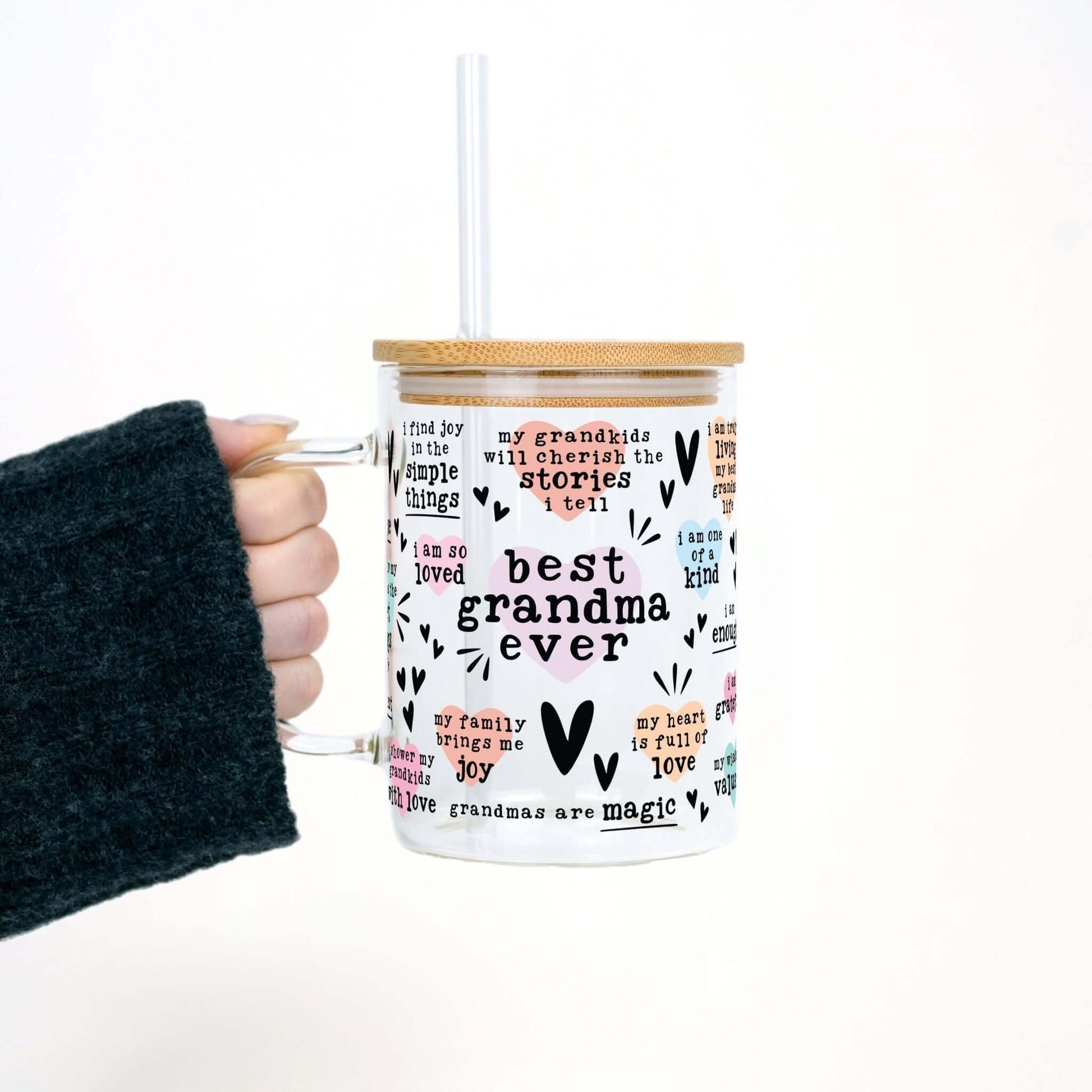 Best Grandma, Gigi, or Nana Ever 17oz Glass Mug With Lid and Straw from Sip Sip Hooray – Mugs