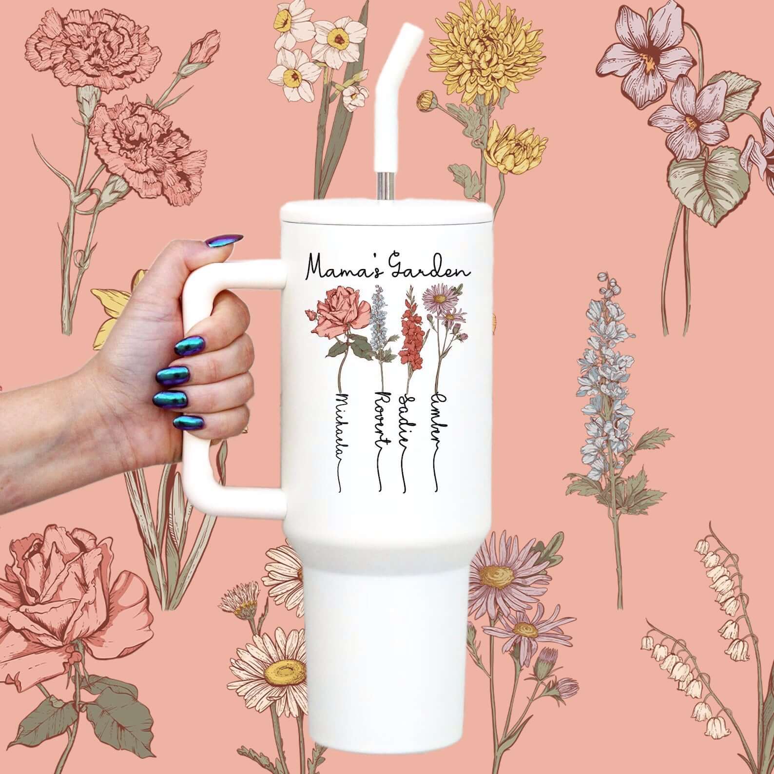 Birth Flower Garden 40oz Metal Tumbler With Lid and Straw