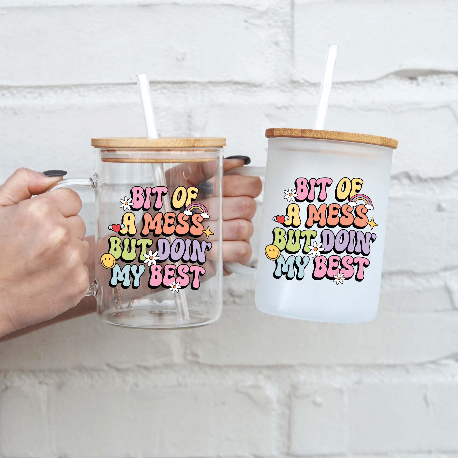 Bit of a Mess 17oz Glass Mug With Lid and Straw from Sip Sip Hooray – Drinkware