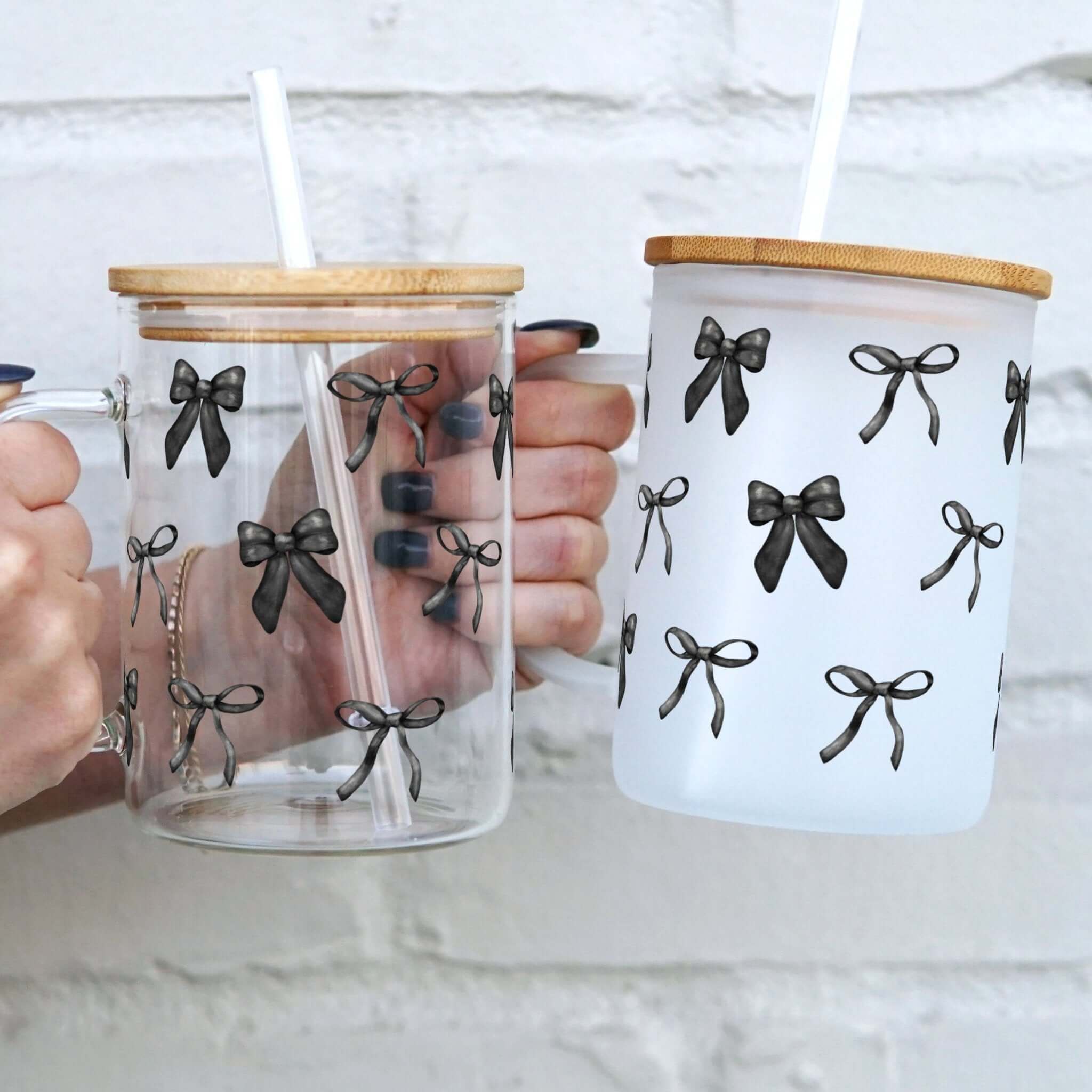 Black Bows 17oz Glass Mug With Lid and Straw