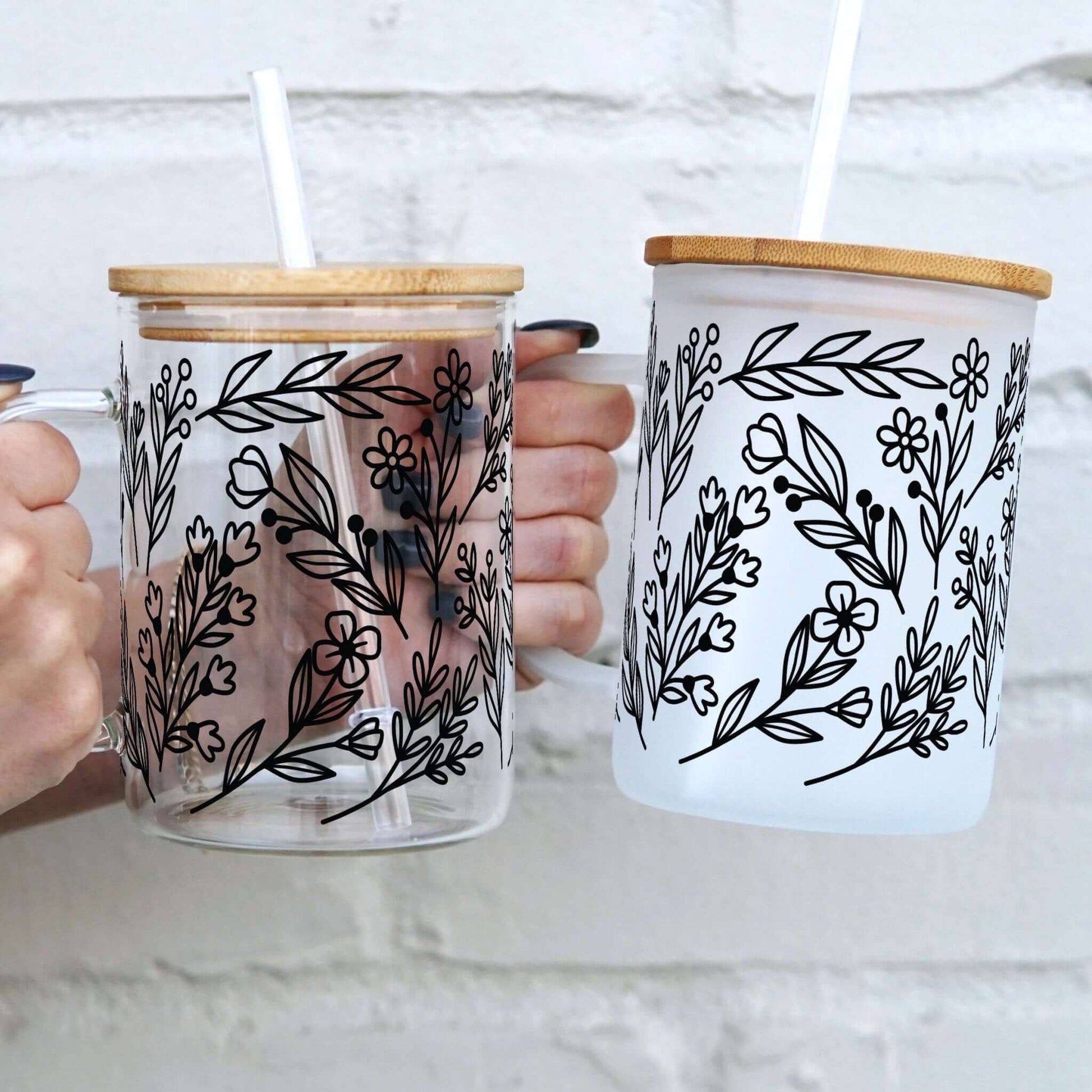 Black Flower 17oz Glass Mug With Lid and Straw from Sip Sip Hooray – Drinkware