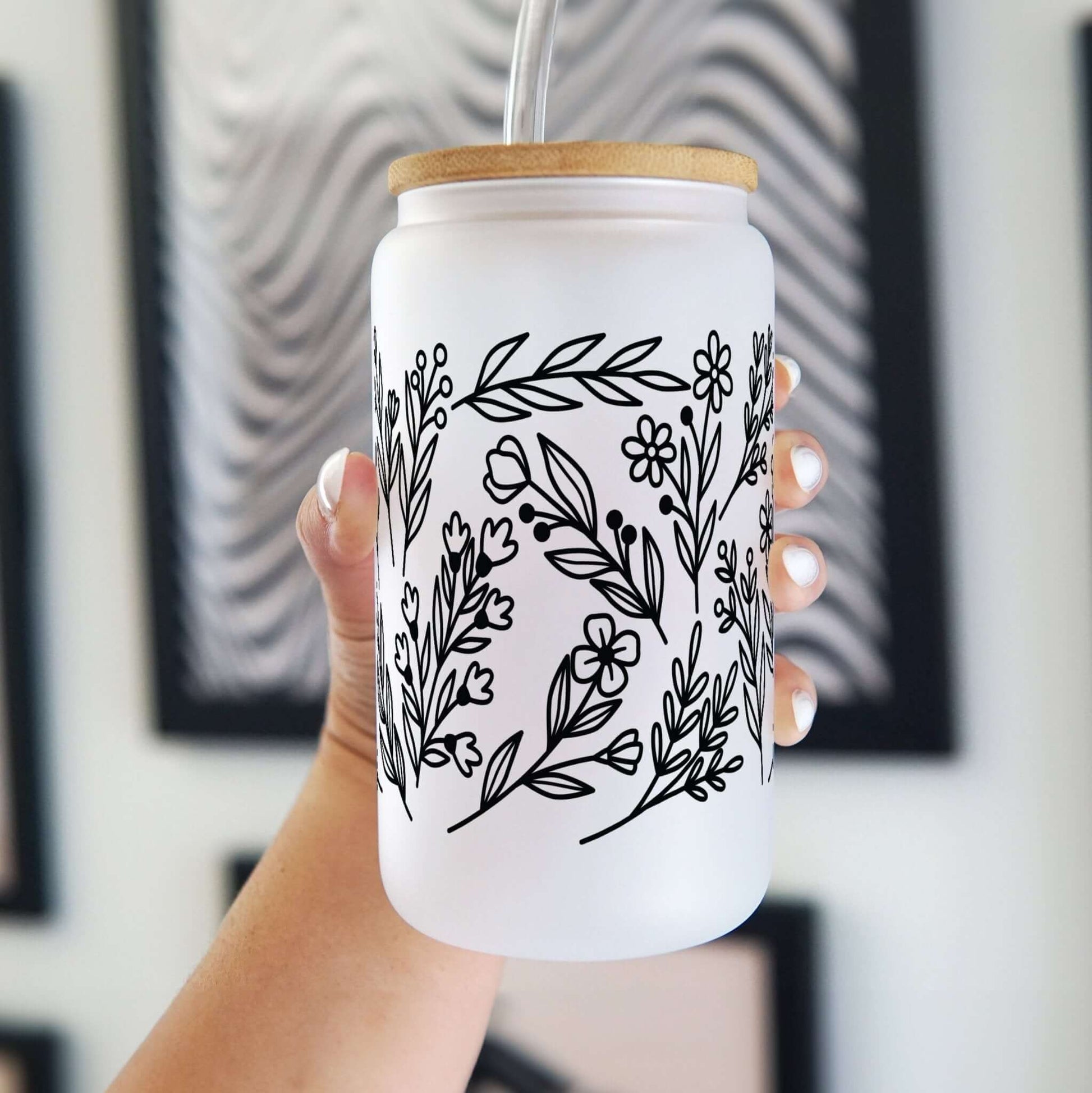 Black Flowers Can Cup With Lid and Straw from Sip Sip Hooray – Drinkware