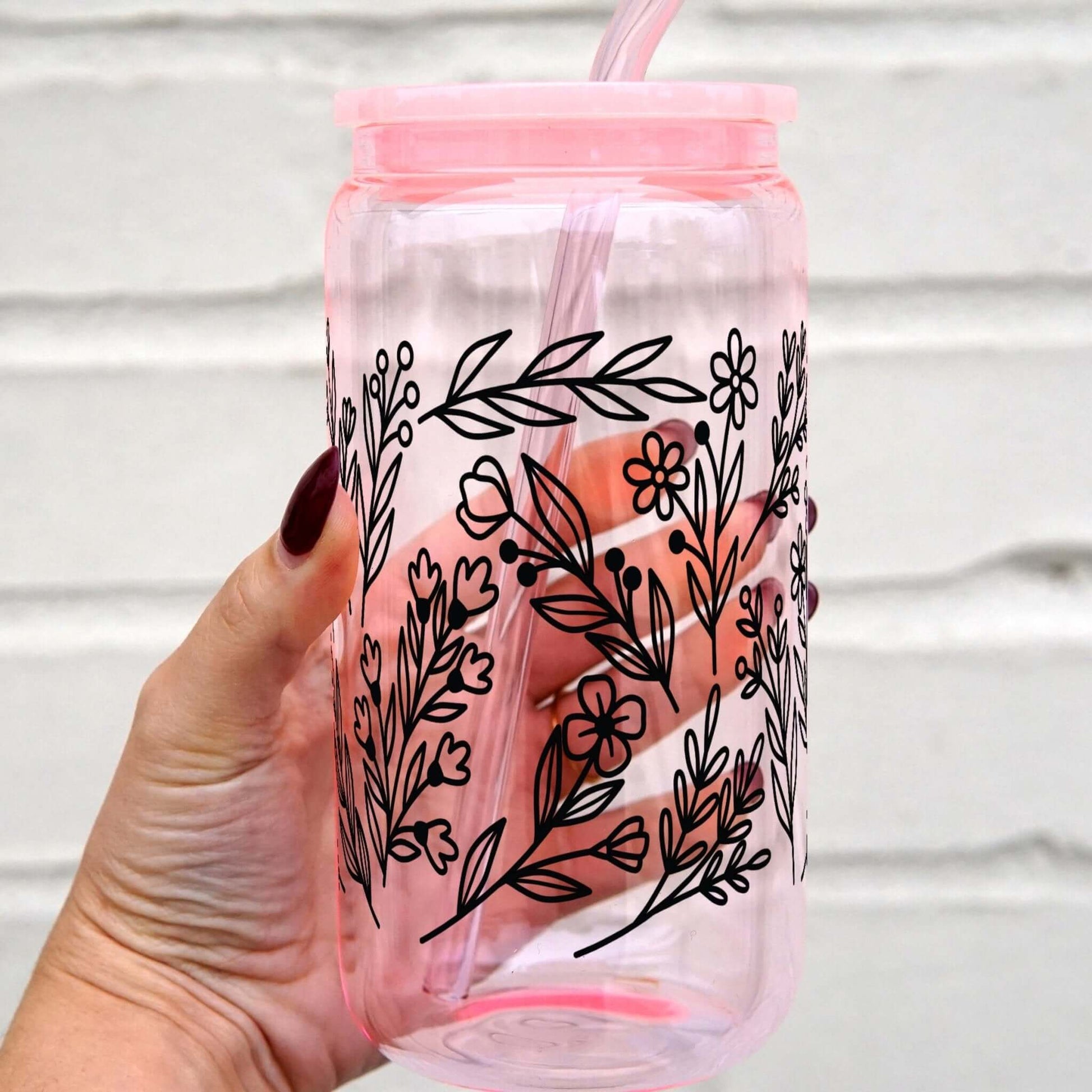 Black Flowers Can Cup With Lid and Straw from Sip Sip Hooray – Drinkware