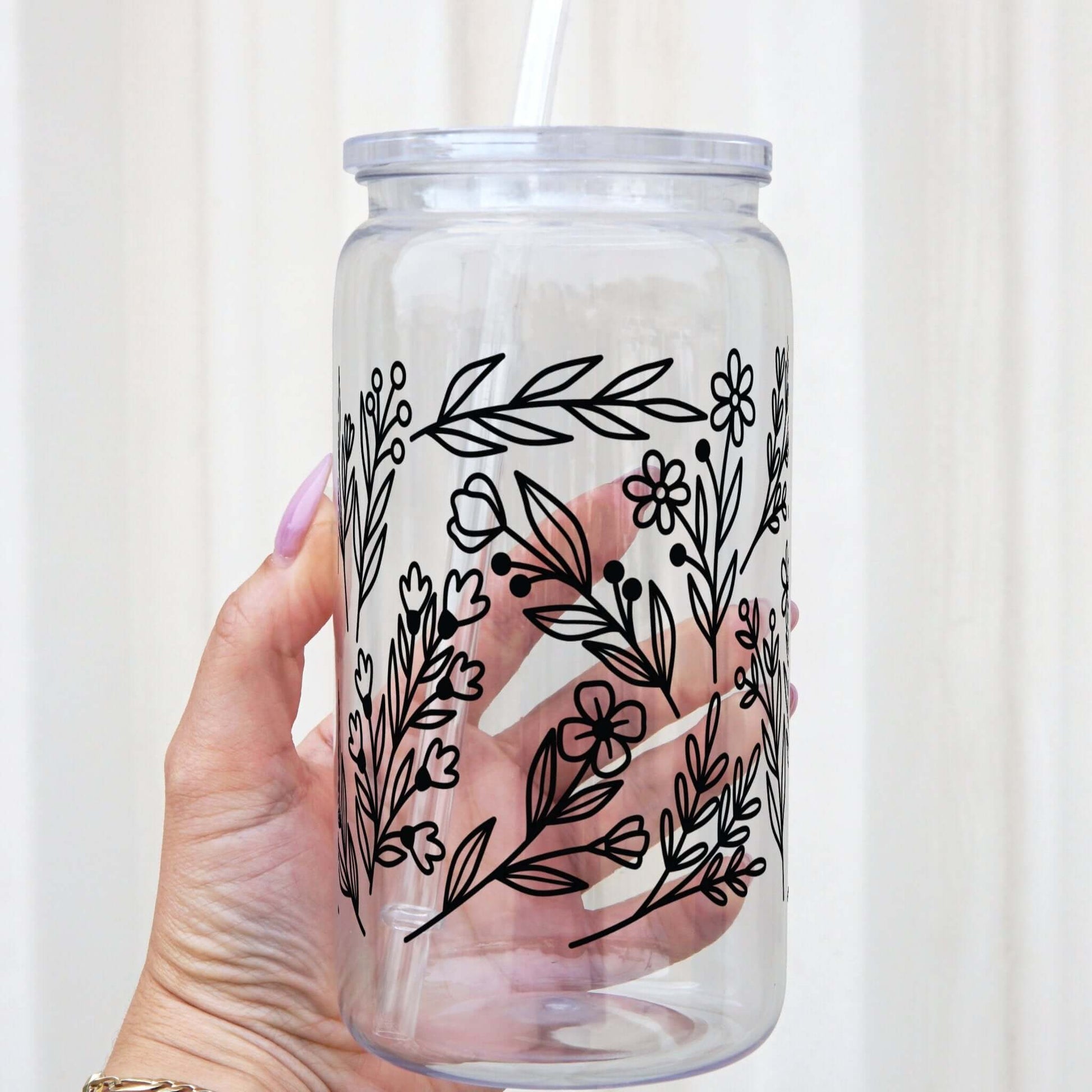 Black Flowers Can Cup With Lid and Straw from Sip Sip Hooray – Drinkware