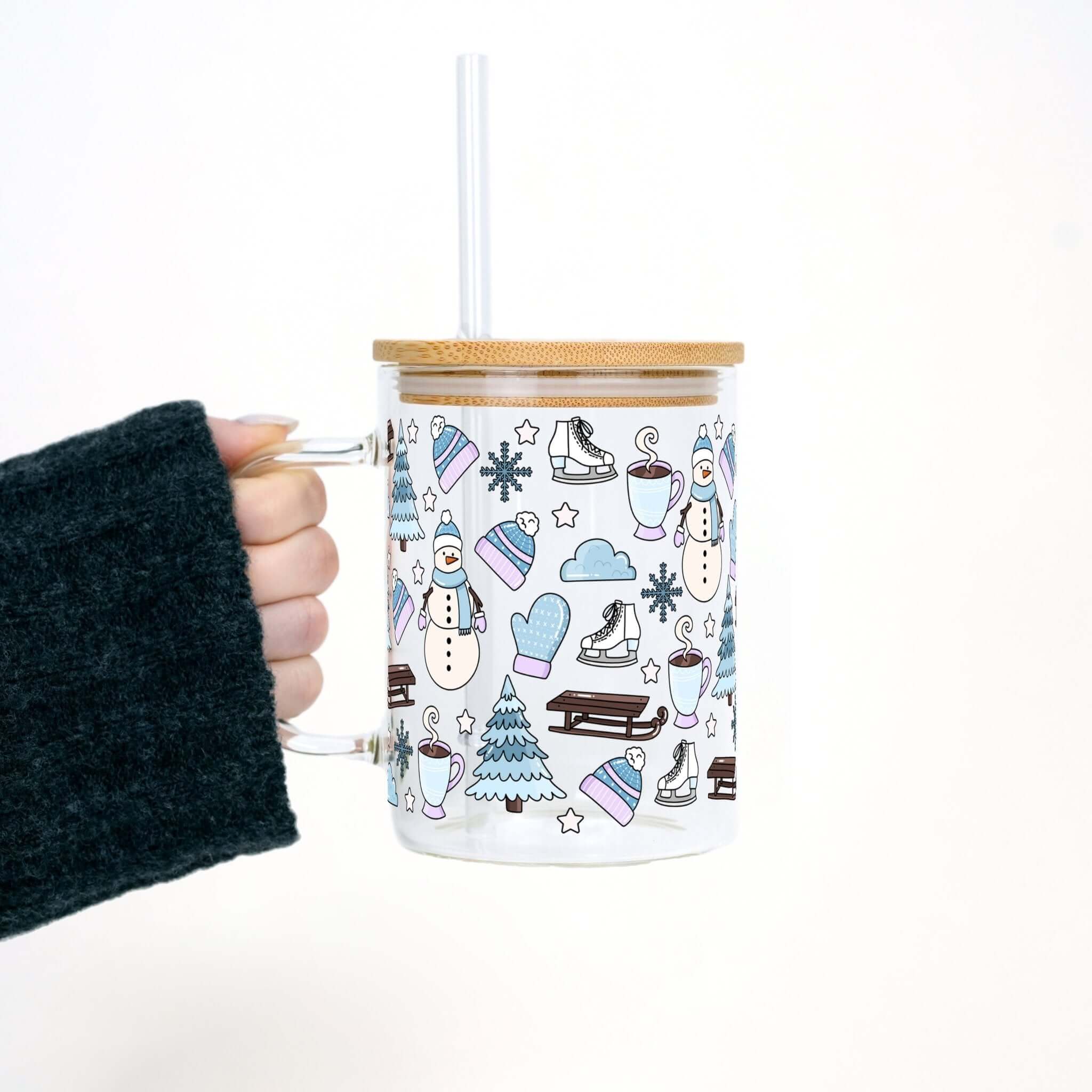 Blue Snow Day 17oz Glass Mug With Lid and Straw