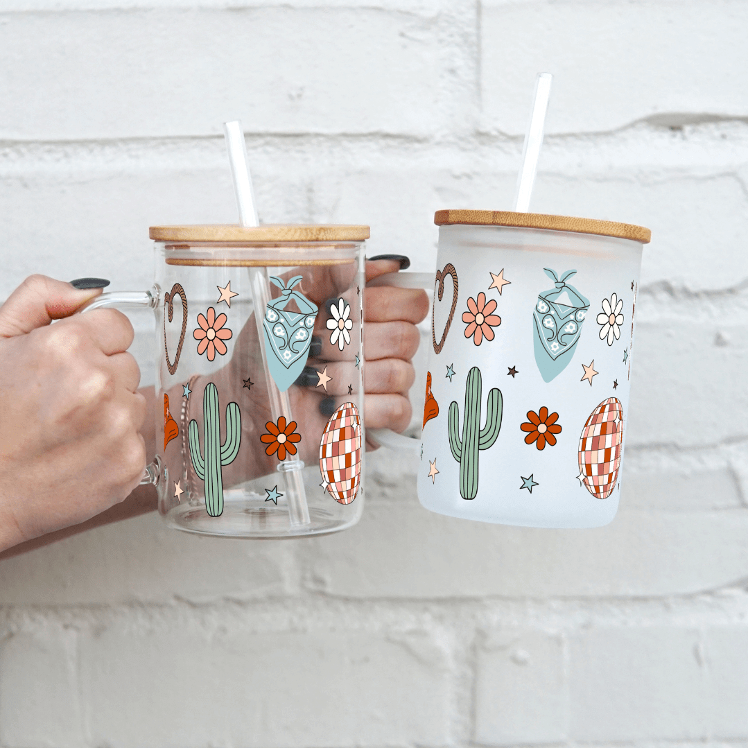 Boho Disco Western Cowgirl 17oz Glass Mug with Lid and Straw from Sip Sip Hooray – Drinkware