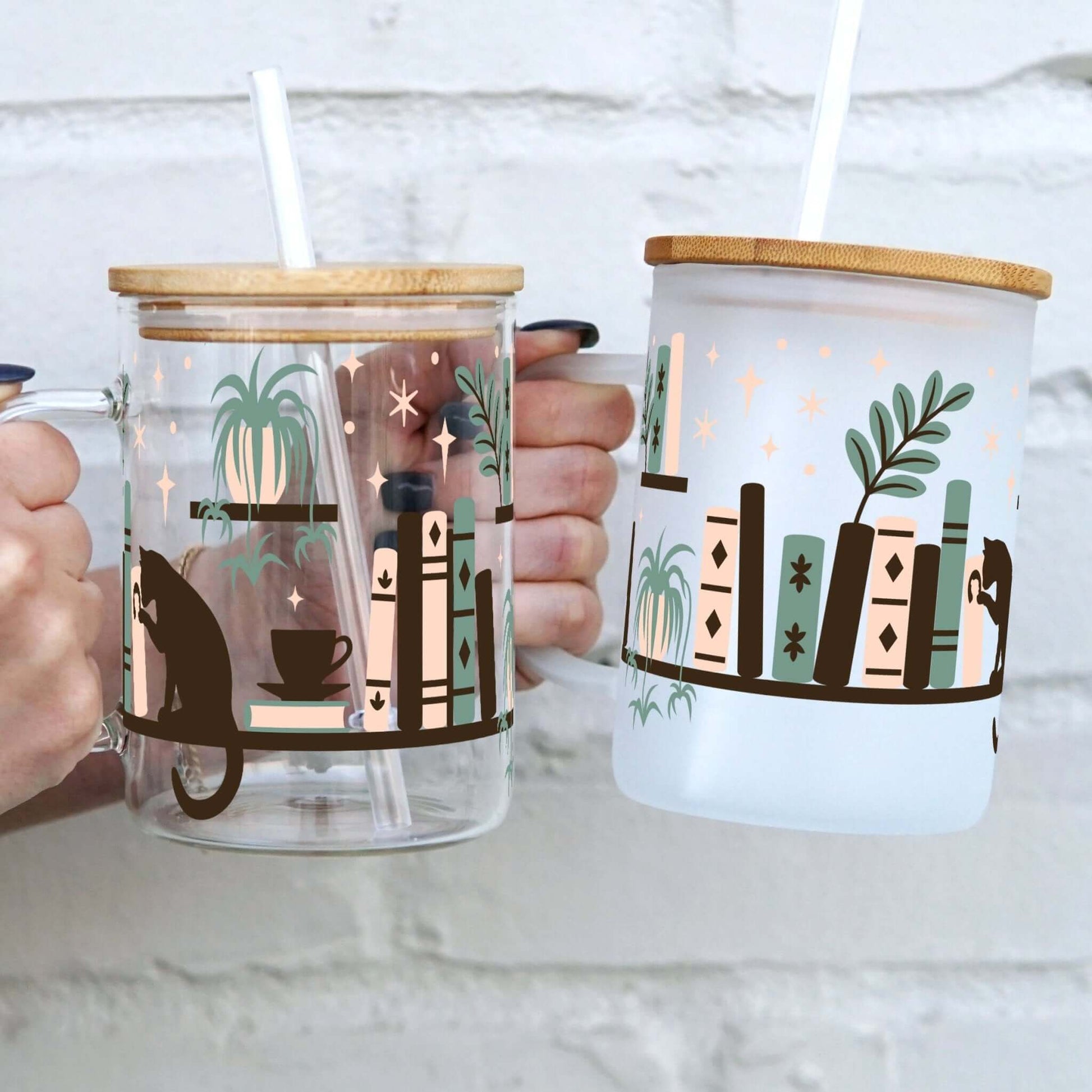 Book Shelves With Kitty and Plants 17oz Glass Mug With Lid and Straw from Sip Sip Hooray – Drinkware