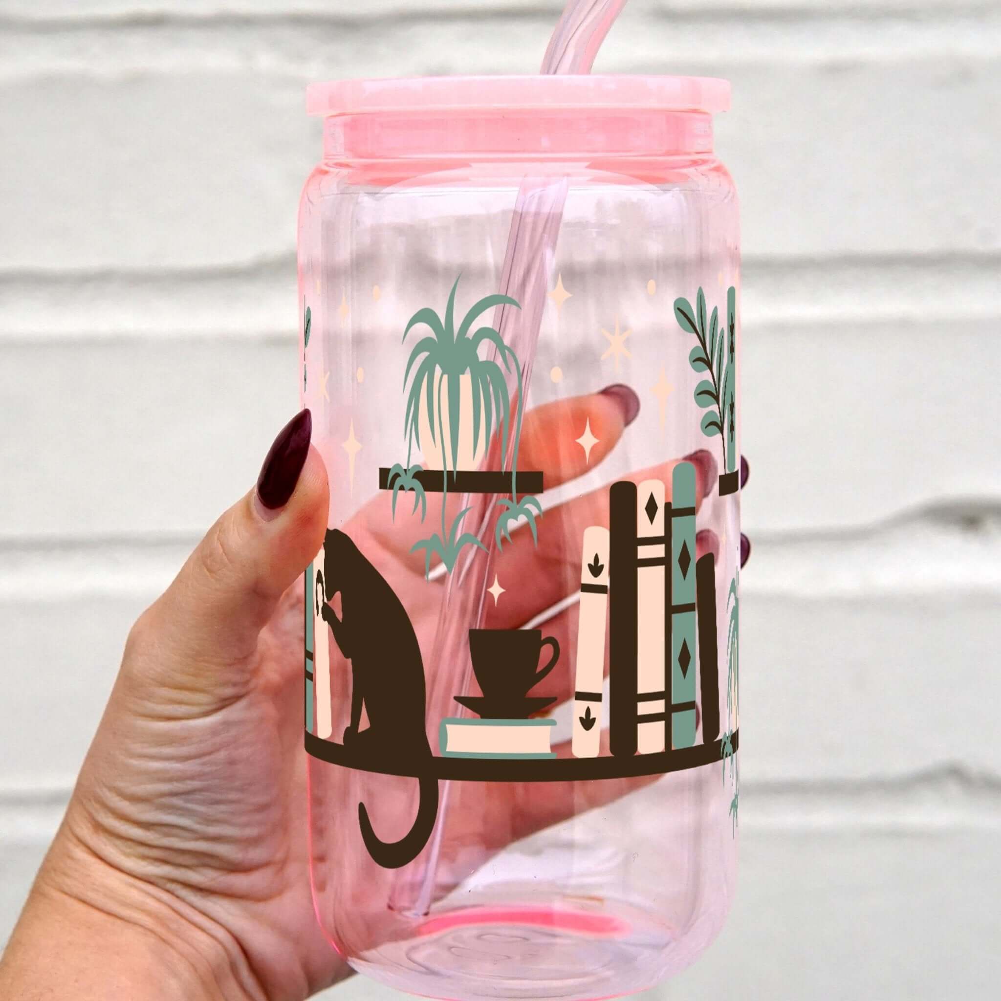 Book Shelves With Kitty and Plants Cup With Lid and Straw