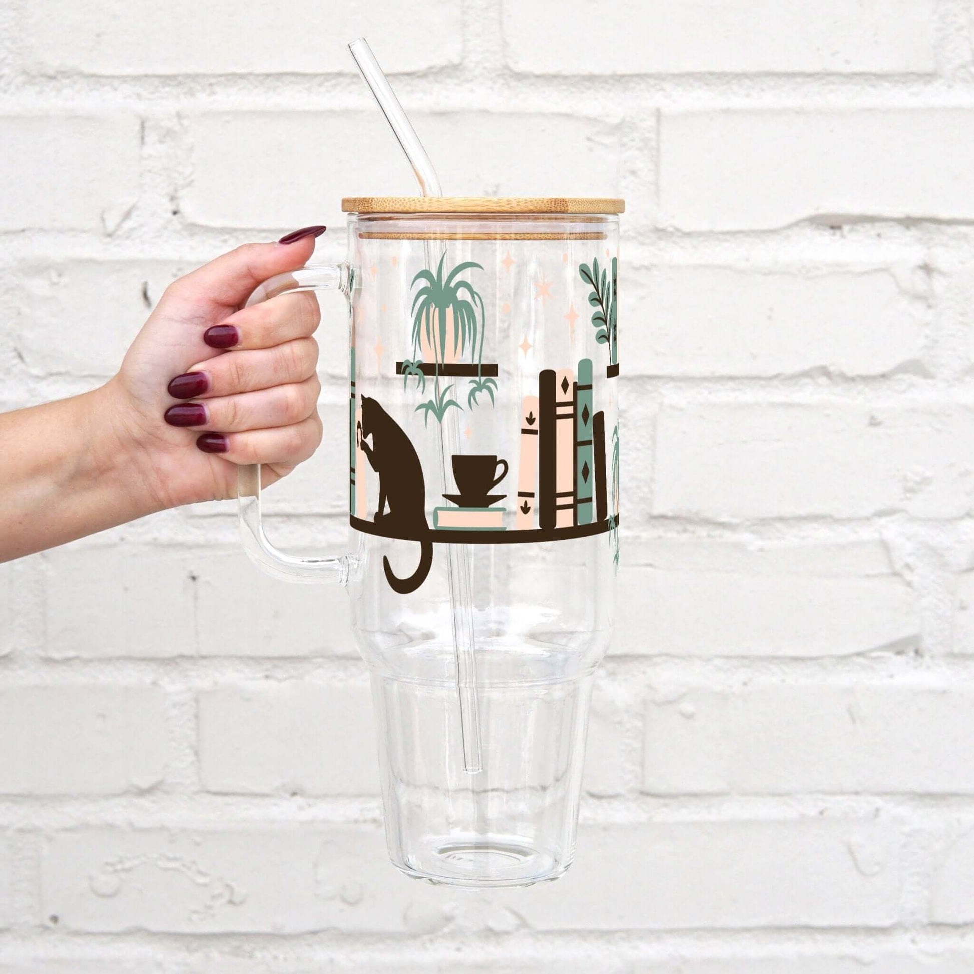 Book Shelves With Kitty and Plants 40oz Glass or Plastic Tumbler With Lid and Straw from Sip Sip Hooray – Drinkware