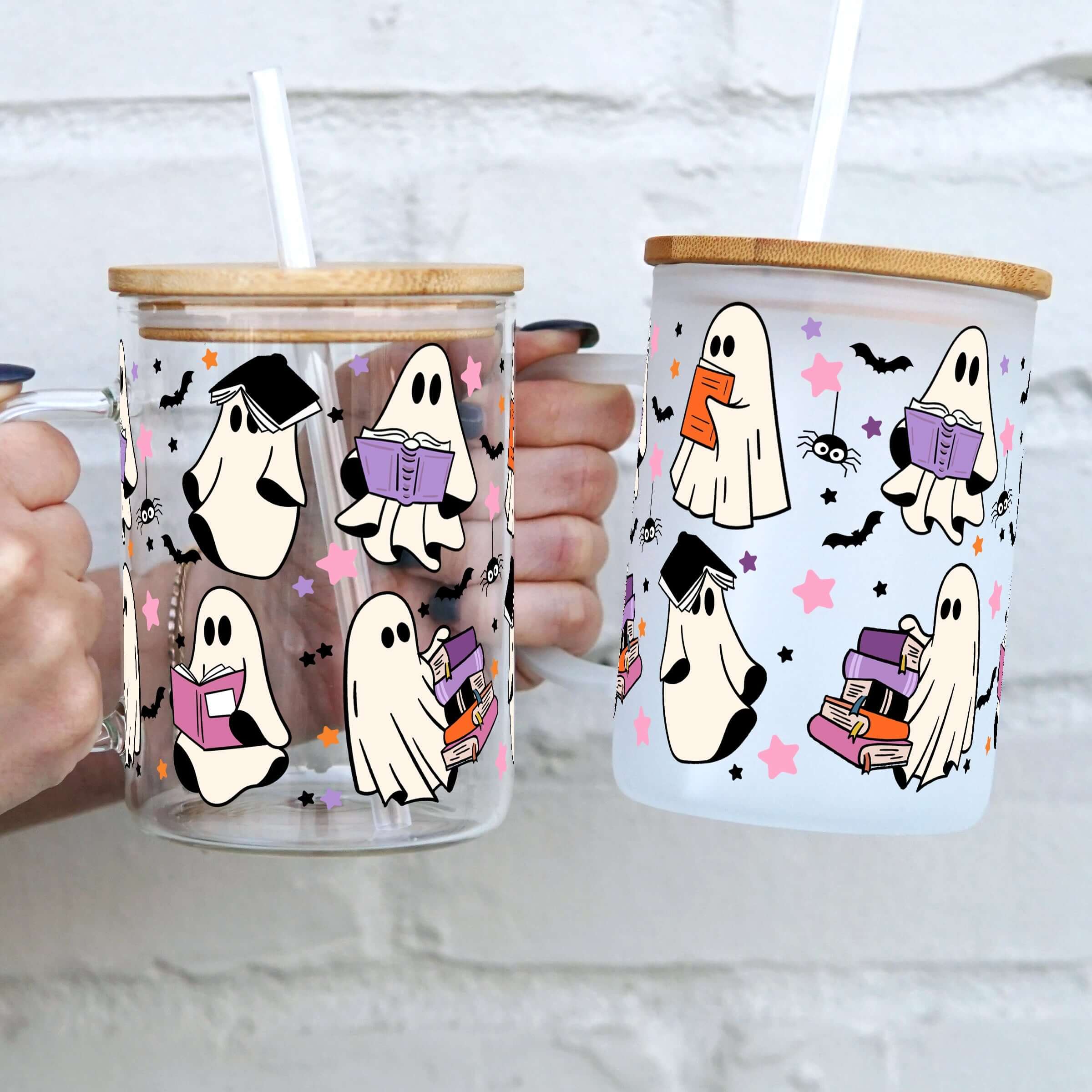 Bookish Ghostie 17oz Glass Mug With Lid and Straw
