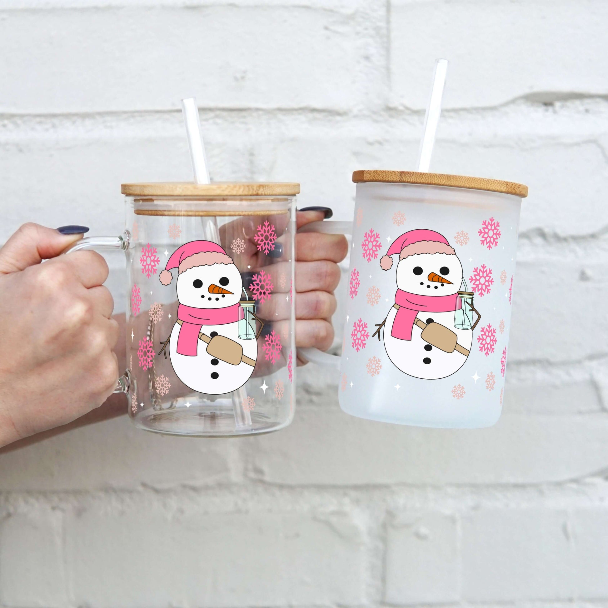 Boujee Pink Snowman 17oz Glass Mug With Lid and Straw from Sip Sip Hooray – Drinkware
