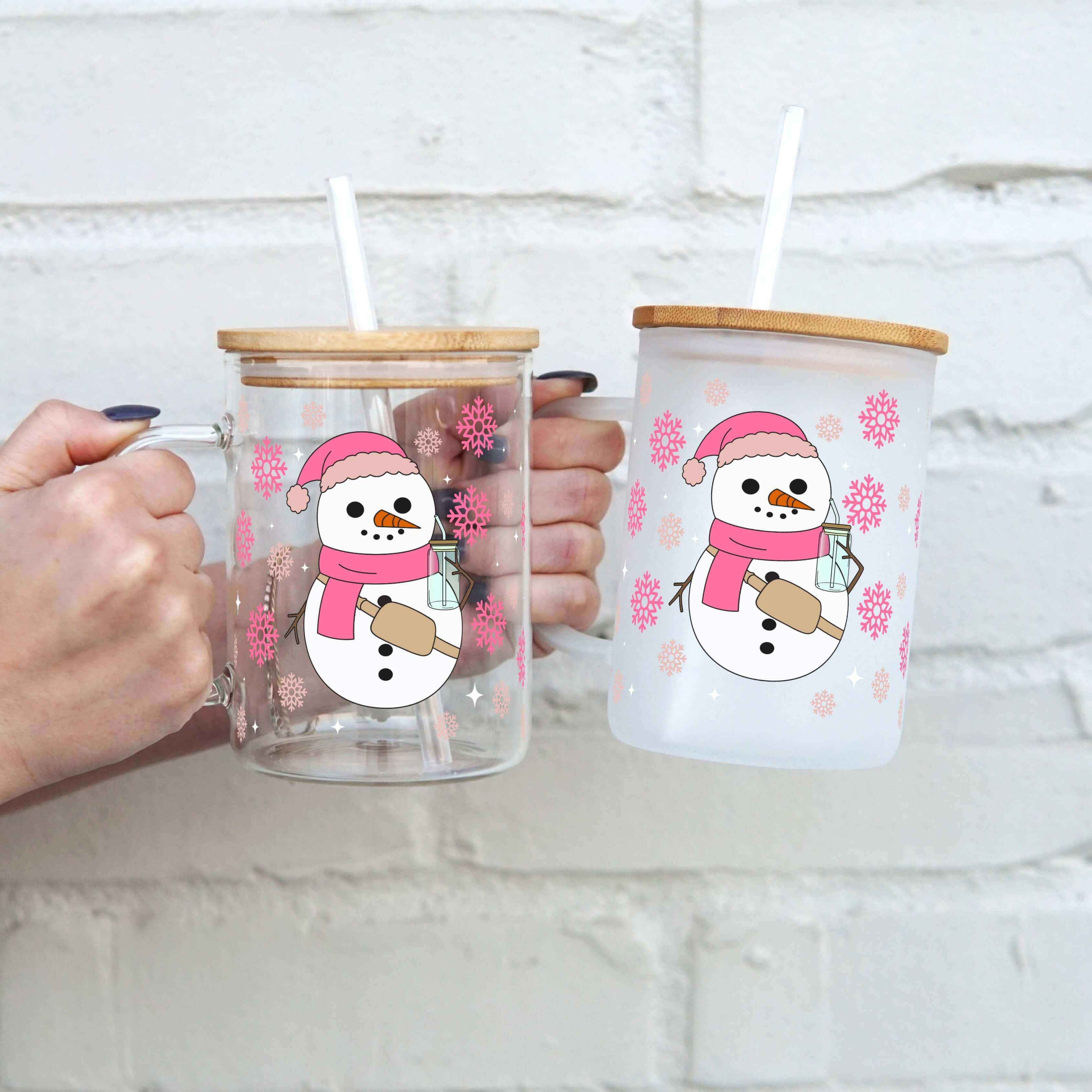 Boujee Pink Snowman 17oz Glass Mug With Lid and Straw