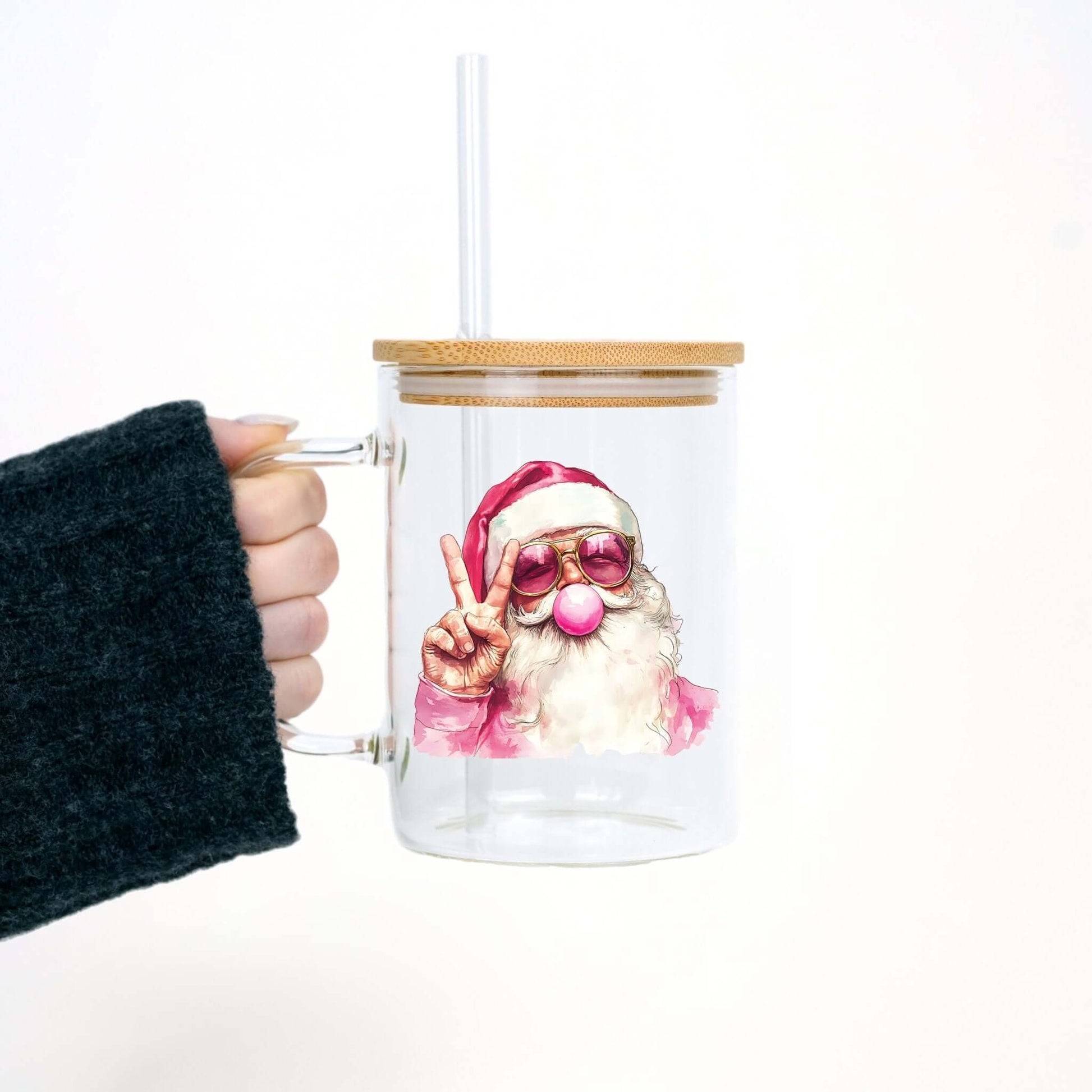 Bubble Claus 17oz Glass Mug With Lid and Straw from Sip Sip Hooray – Mugs