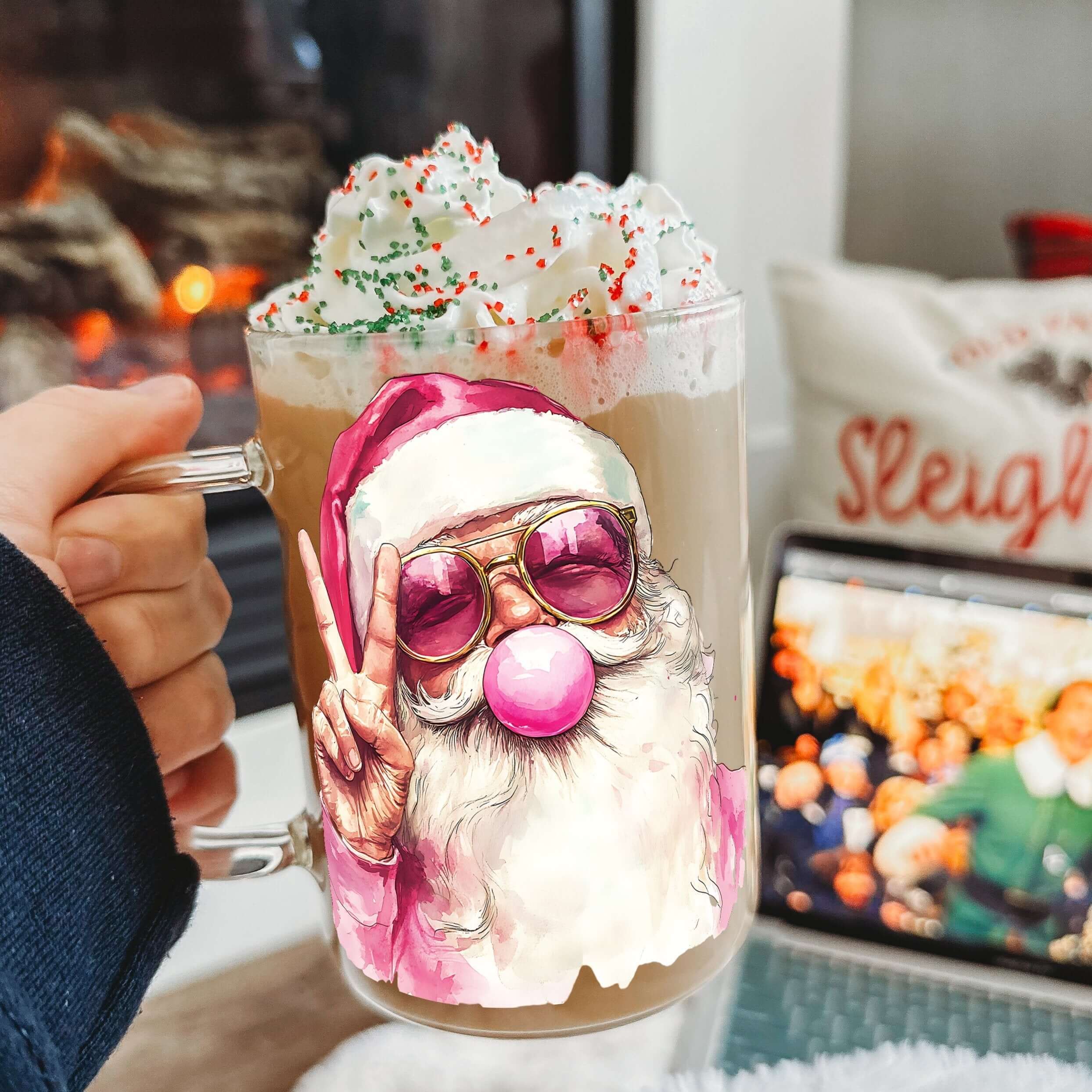 Bubble Claus 17oz Glass Mug With Lid and Straw