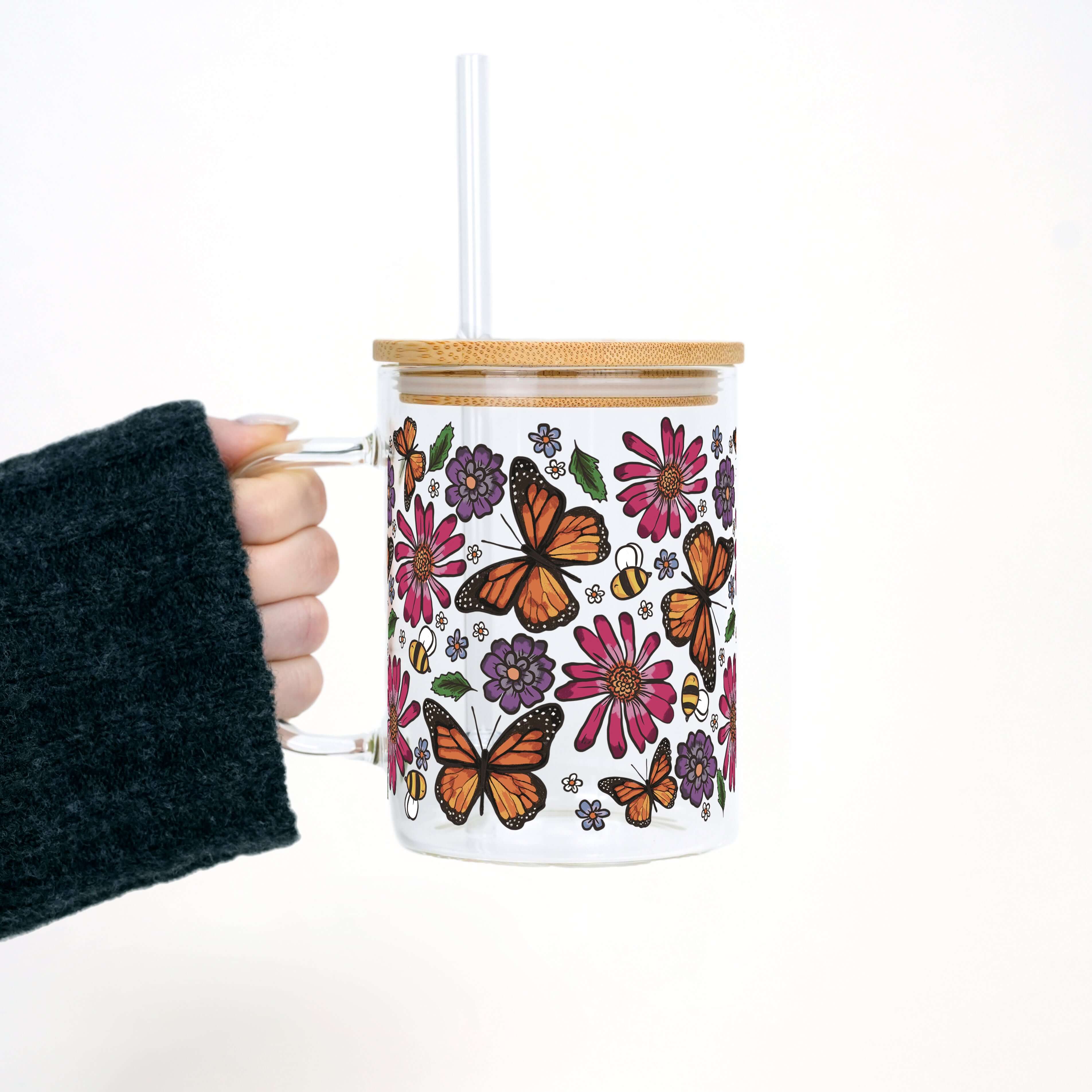 Butterfly Garden 17oz Glass Mug With Lid and Straw