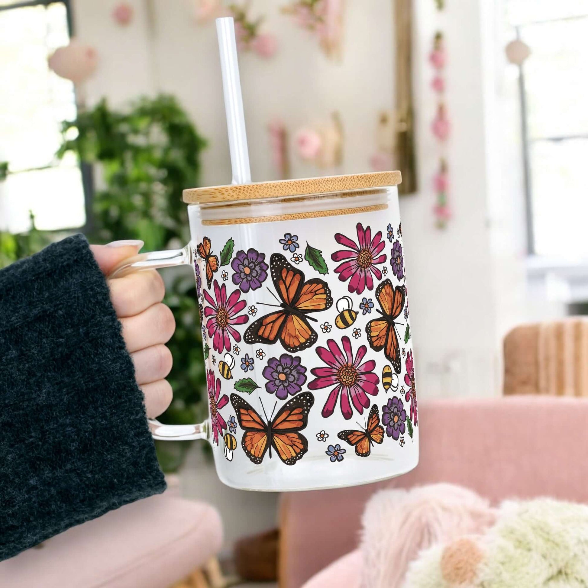Butterfly Garden 17oz Glass Mug With Lid and Straw from Sip Sip Hooray – Mugs